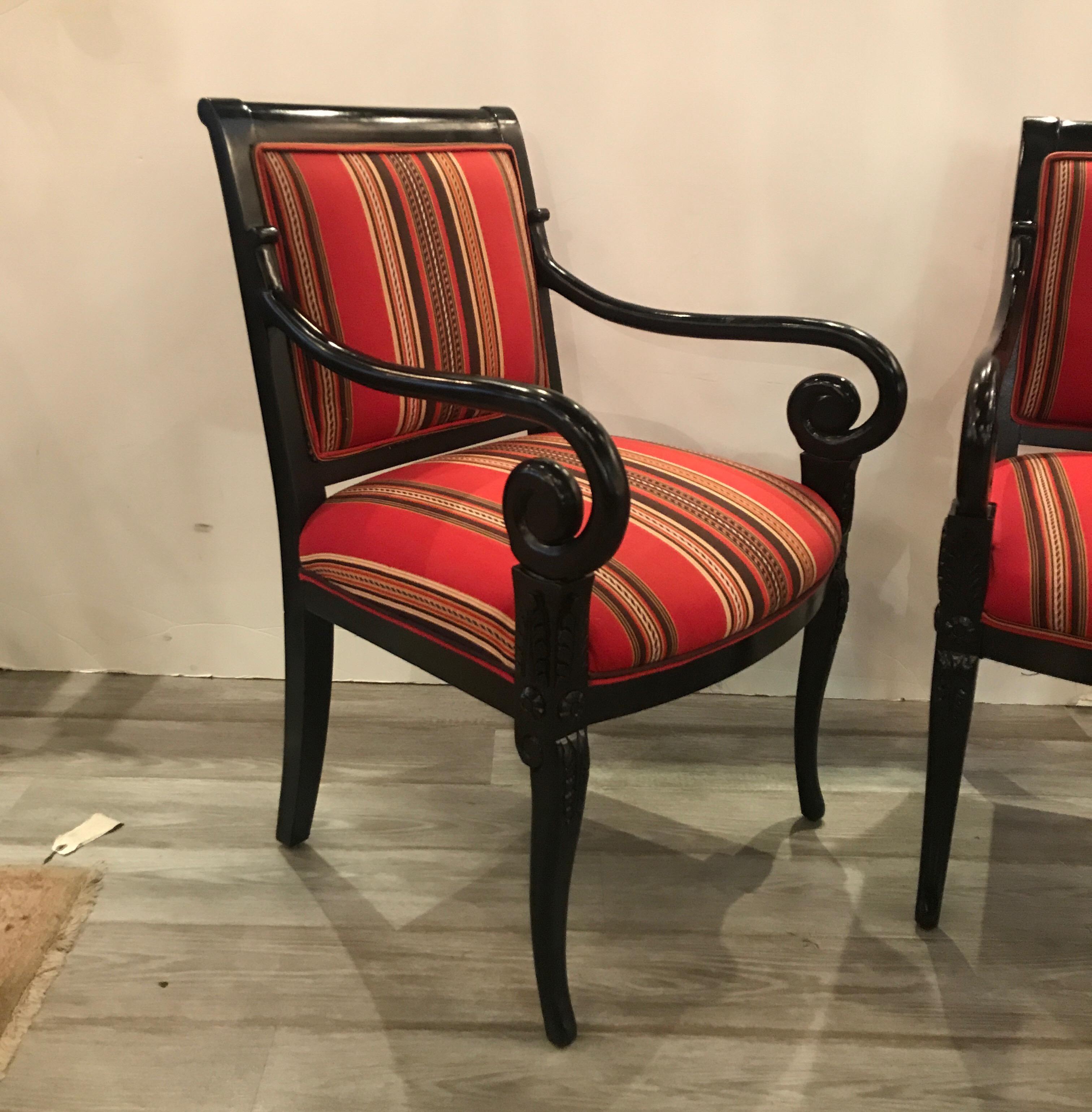 Ebonized Pair of Hollywood Regency Neoclassical Armchairs