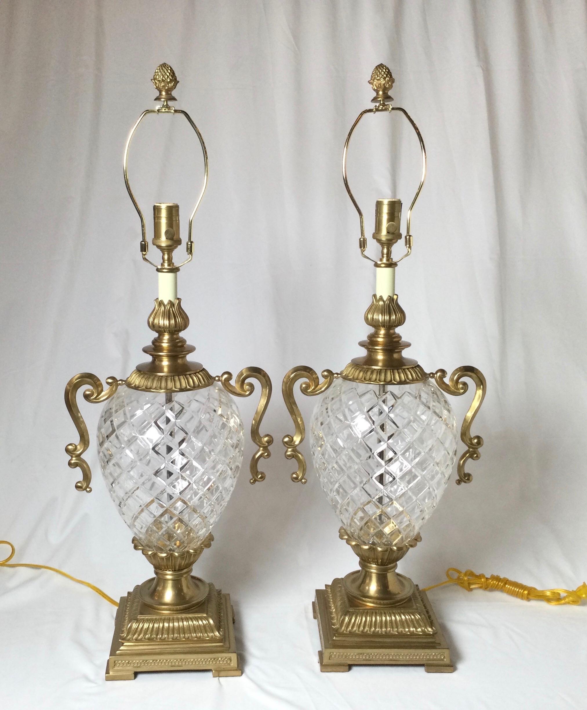 Pair of Hollywood Regency Style Crystal and Brass Lamps In Excellent Condition In Lambertville, NJ