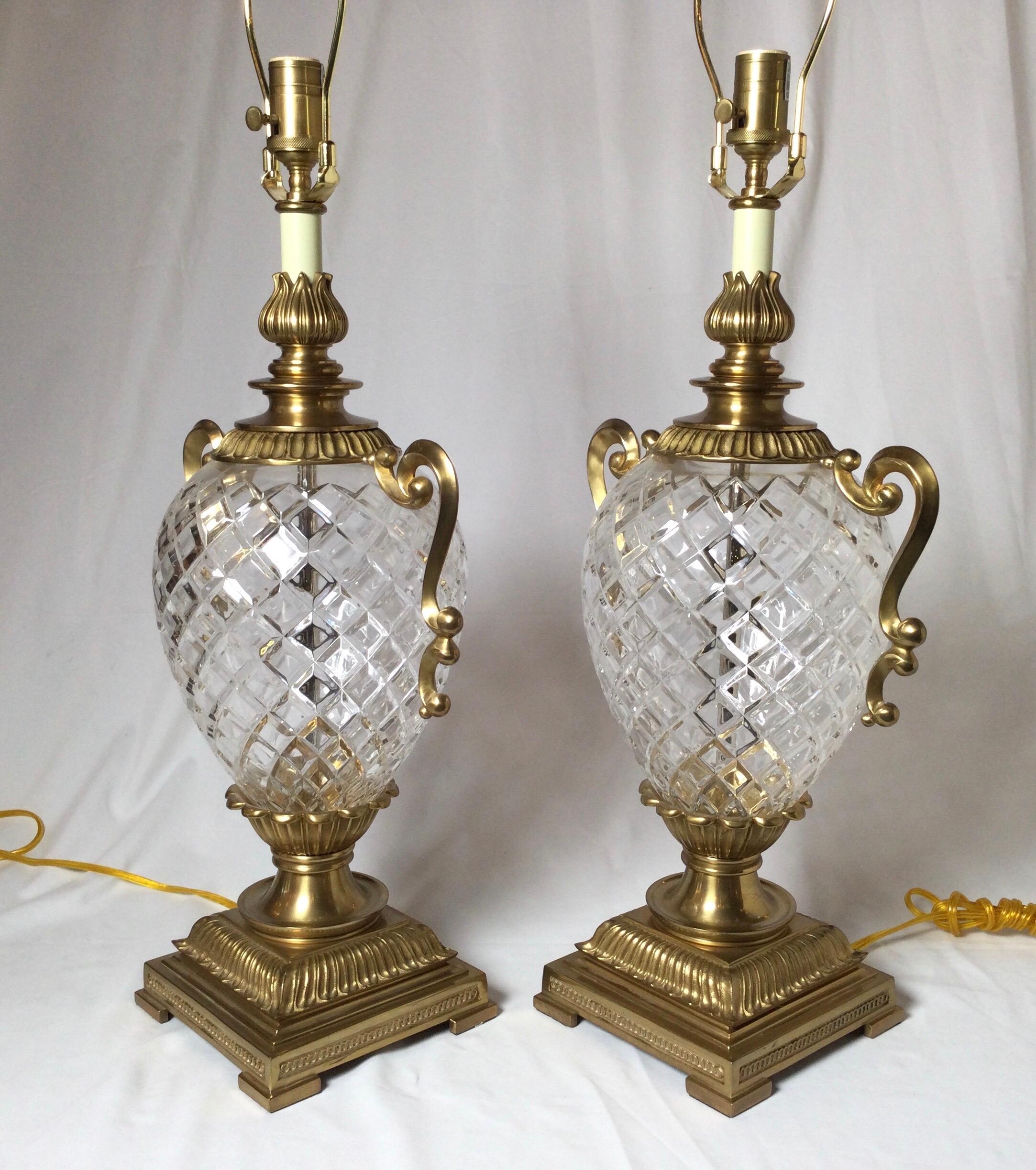 Late 20th Century Pair of Hollywood Regency Style Crystal and Brass Lamps