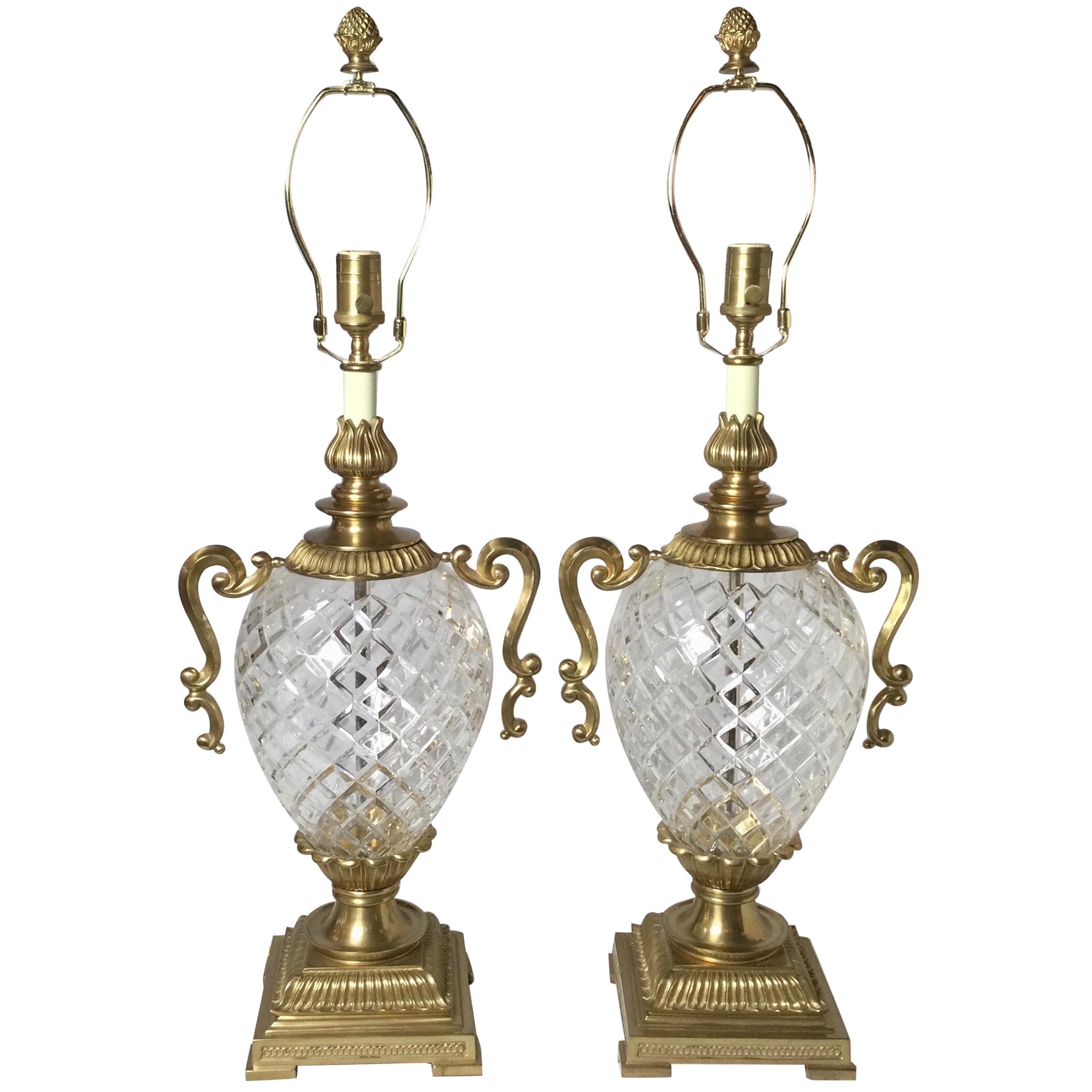 Pair of Hollywood Regency Style Crystal and Brass Lamps