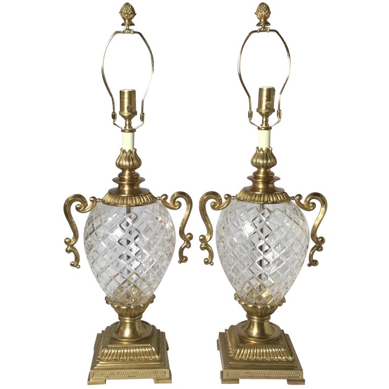 Pair of Hollywood Regency Style Crystal and Brass Lamps For Sale