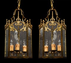 Pair of Hollywood Regency Style Gilt Brass and Glass Lanterns