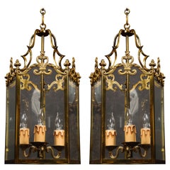 Pair of Hollywood Regency Style Gilt Brass and Glass Lanterns