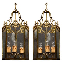 Pair of Hollywood Regency Style Gilt Brass and Glass Lanterns