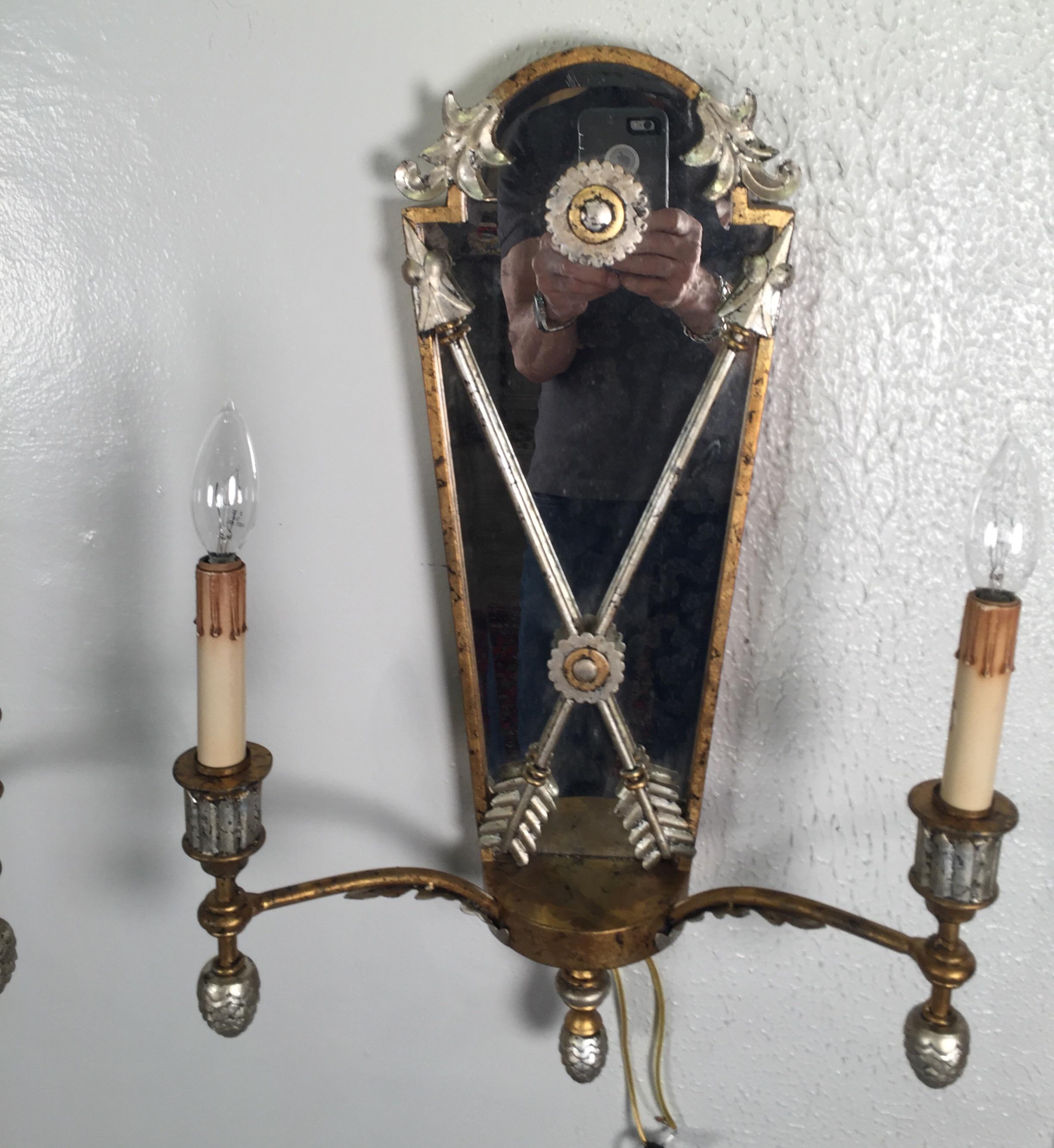 Gilt Pair of Hollywood Regency Style Mirrored Sconces