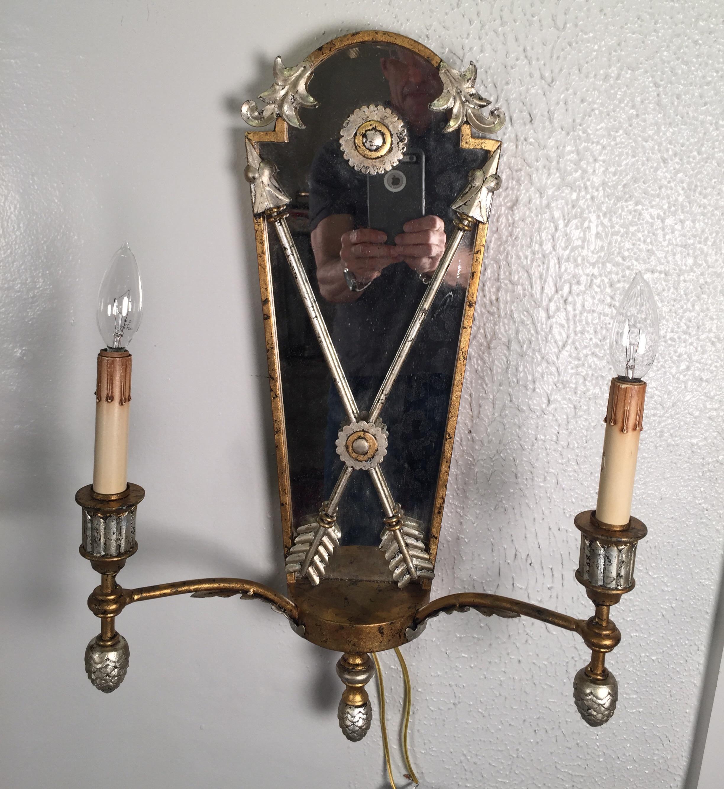 Pair of Hollywood Regency Style Mirrored Sconces In Good Condition In Lambertville, NJ