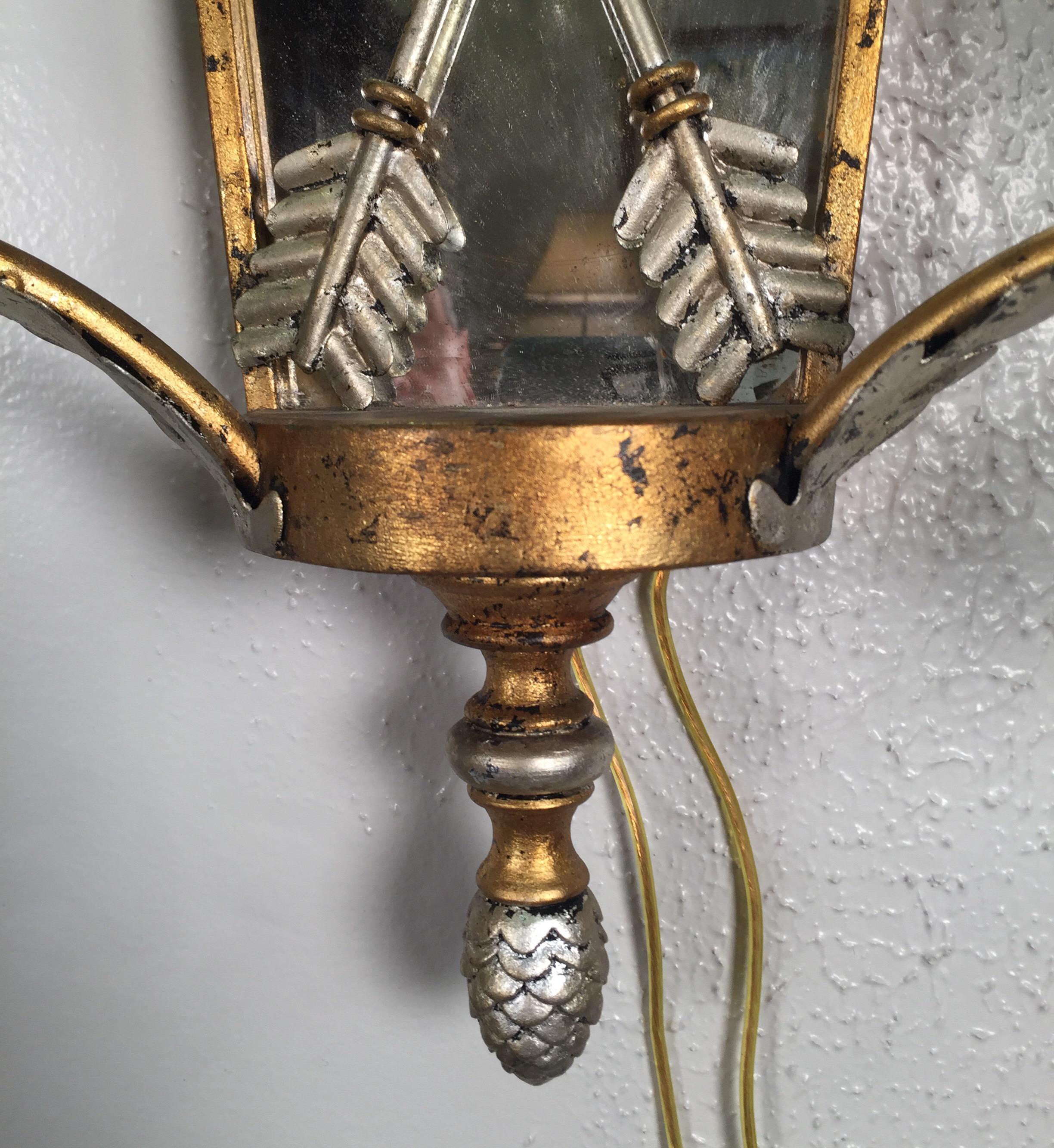 20th Century Pair of Hollywood Regency Style Mirrored Sconces
