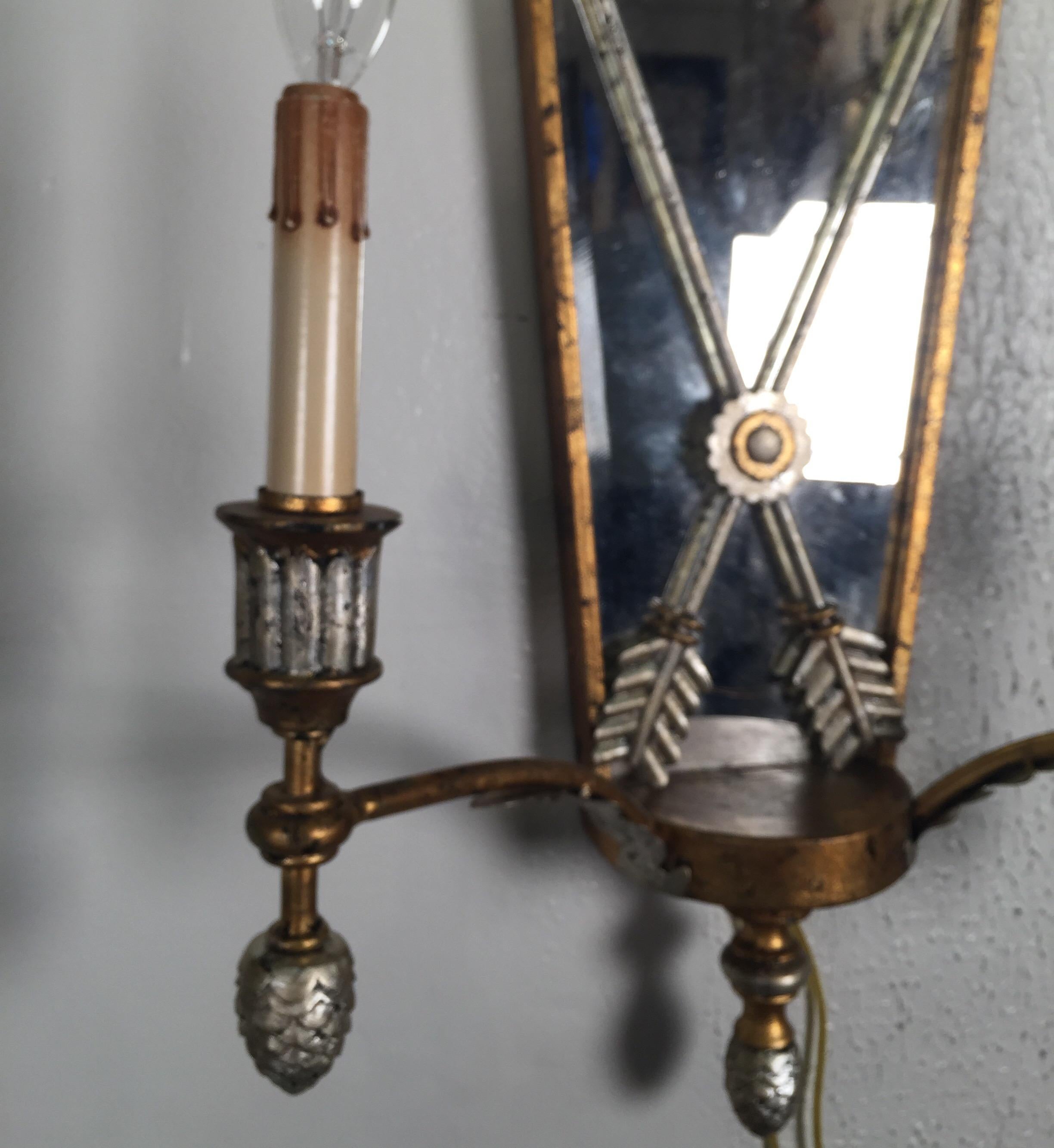 Metal Pair of Hollywood Regency Style Mirrored Sconces