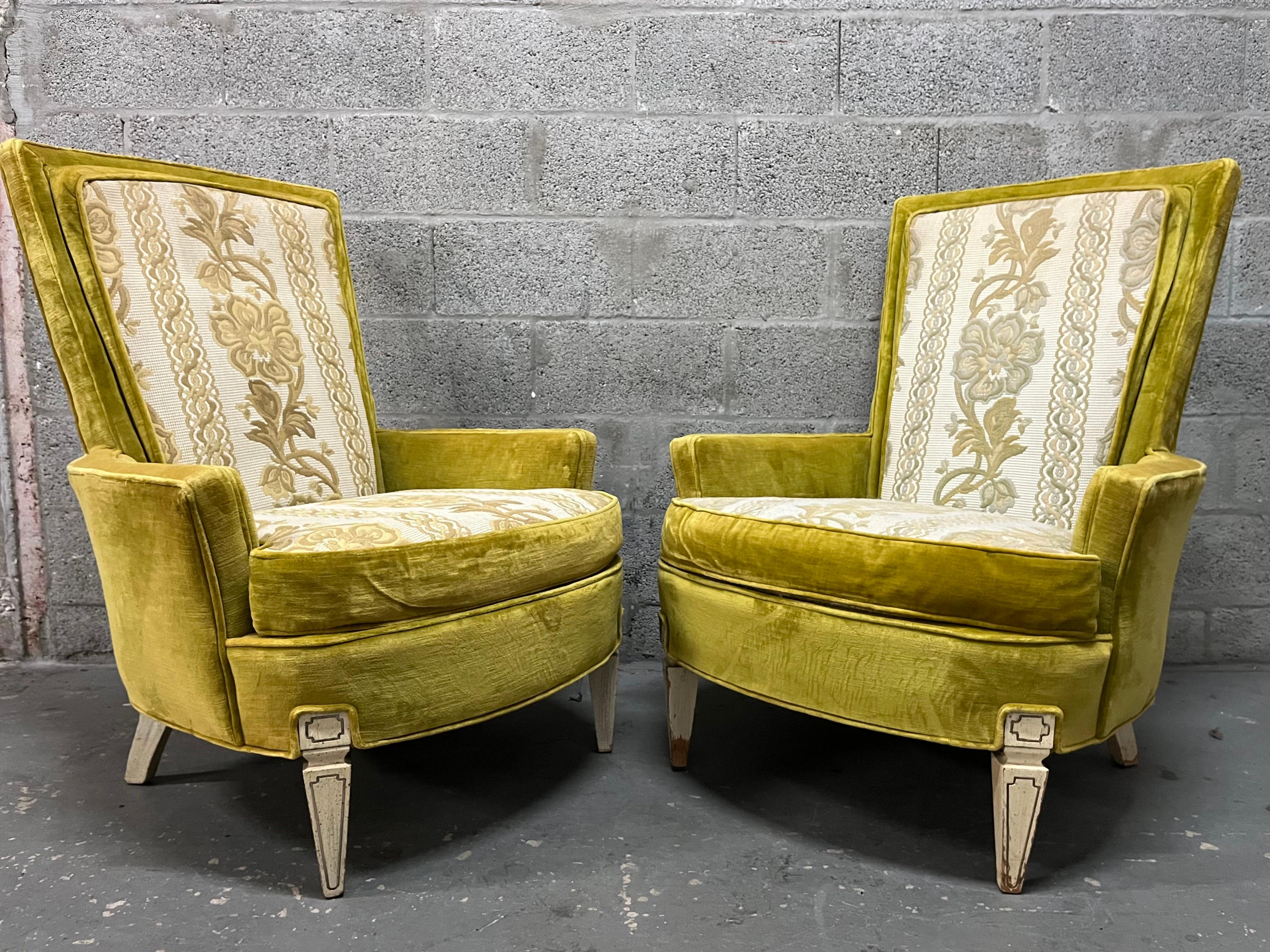 A Pair of Vintage Mid Century Modern / Hollywood Regency Upholstered Lounge Chairs  Silver Craft Furniture Co.. Circa 1960s
Feature the original velvet lemon grass upholstery, with floral embroidered details back and seat cushions.
Please notice
