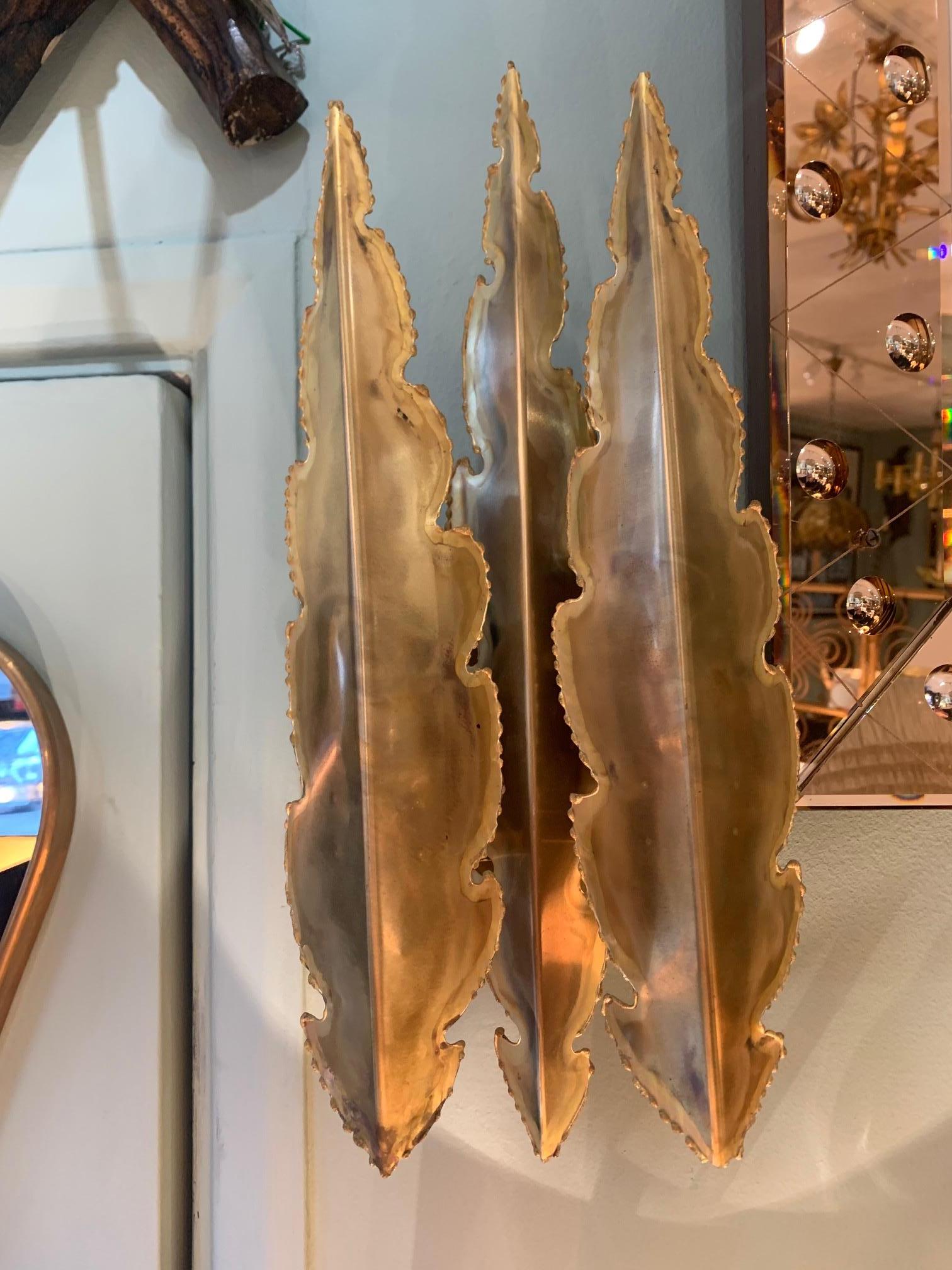 Mid-20th Century Pair of Holm Sorensen Torch Cut Brass Brutalist Wall Sconces with Two Fittings