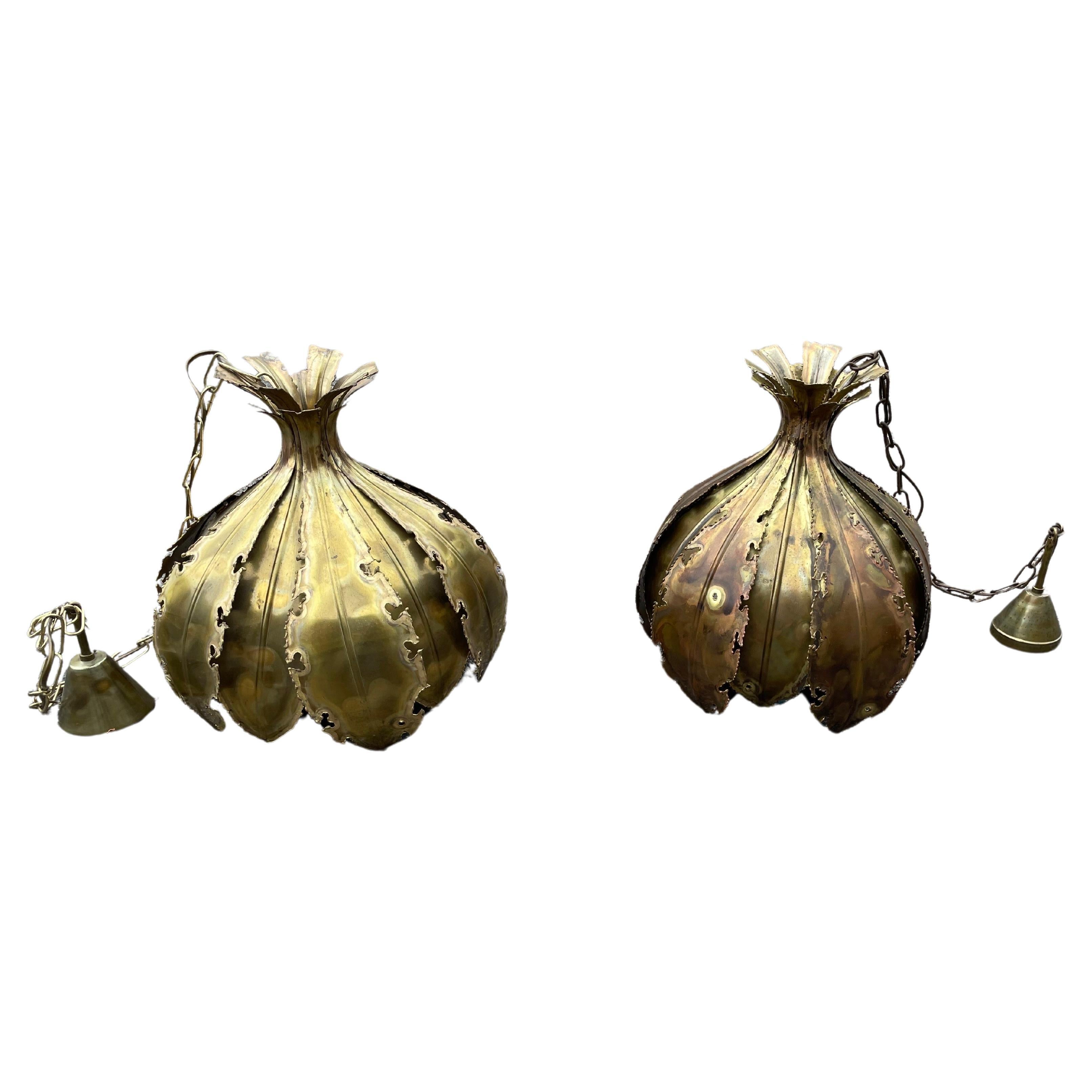 A pair of Holm Sørensen Onion Brutalist Pendants of Brass Denmark 1960s