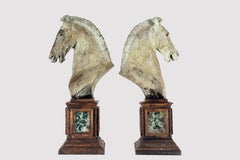 A pair of horse heads with wooden bases and green Policevera marble, Italy 1870.