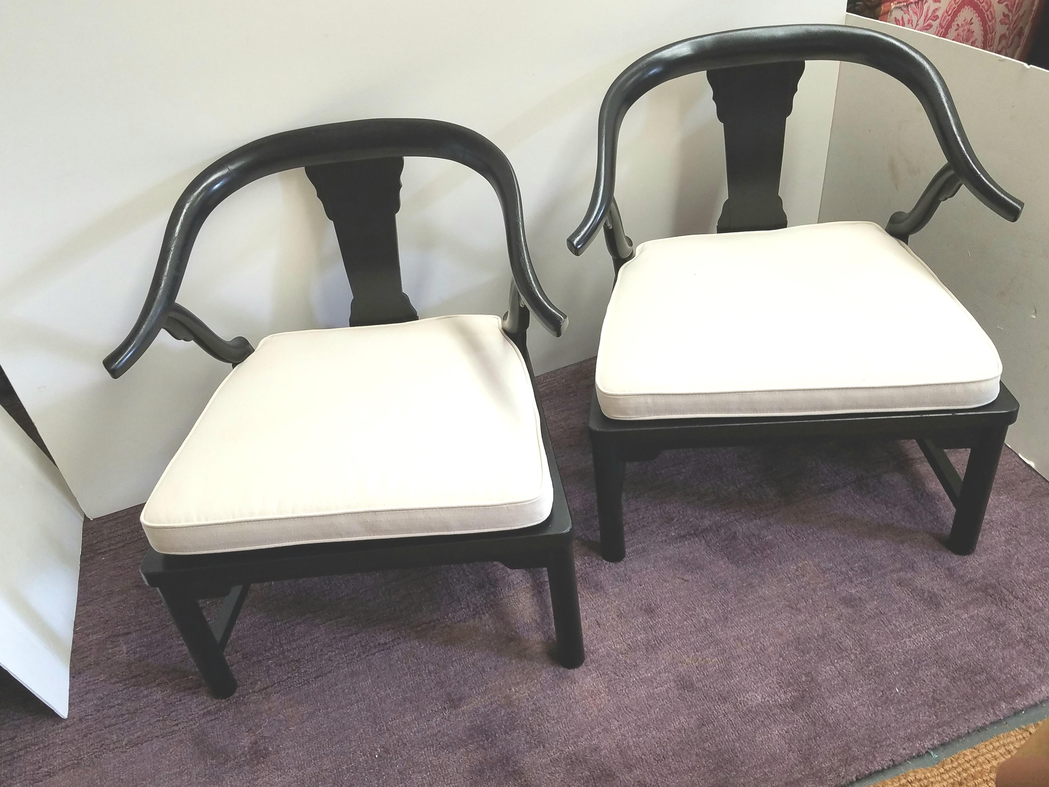 Mid-20th Century Pair of Horseshoe Back Chinese Style Low Chairs in the Manner of James Mont  For Sale