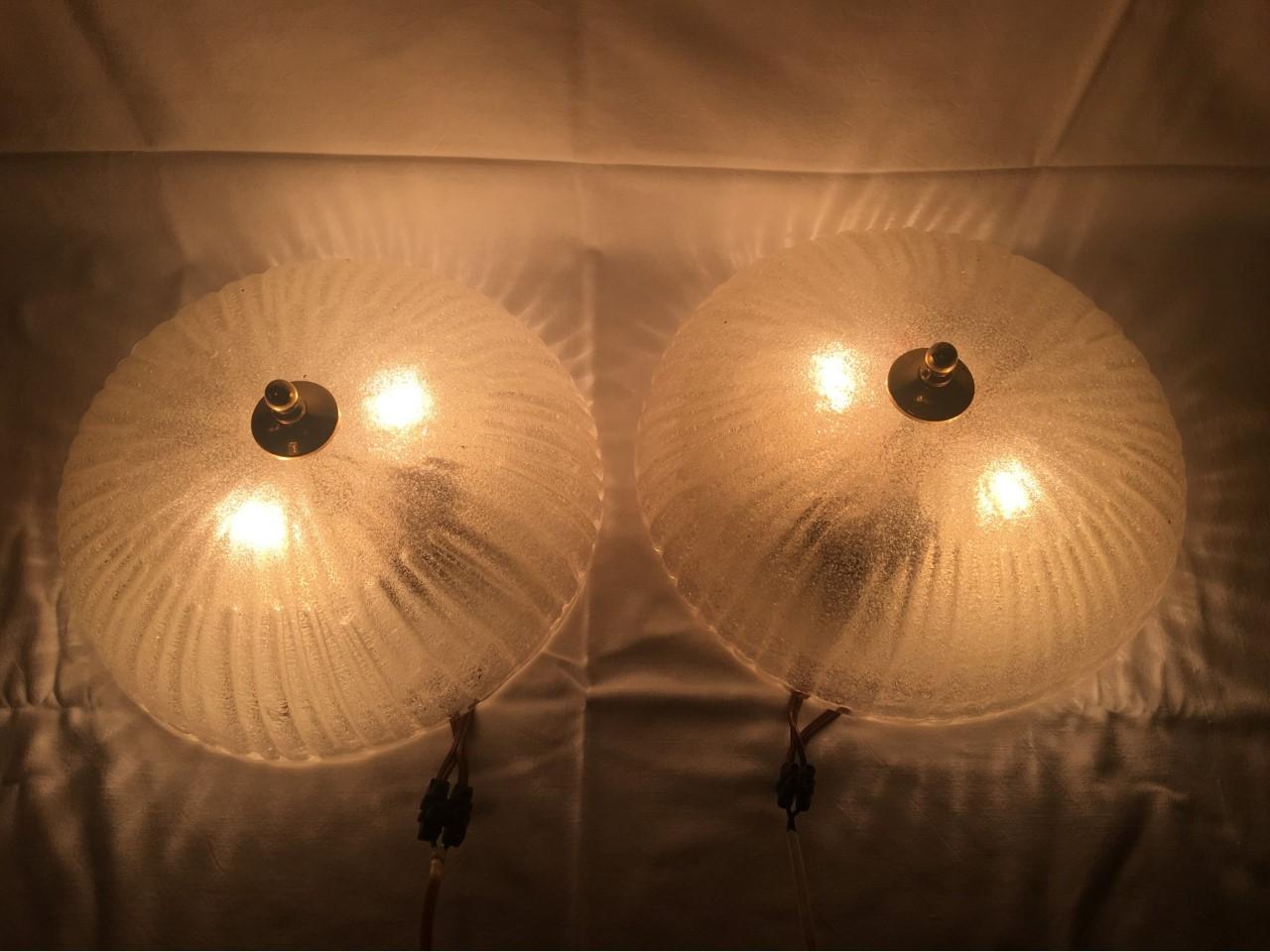 Pair of Ice Glass Flush Mounts / Sconces by Honsel, Germany, 1970s For Sale 1
