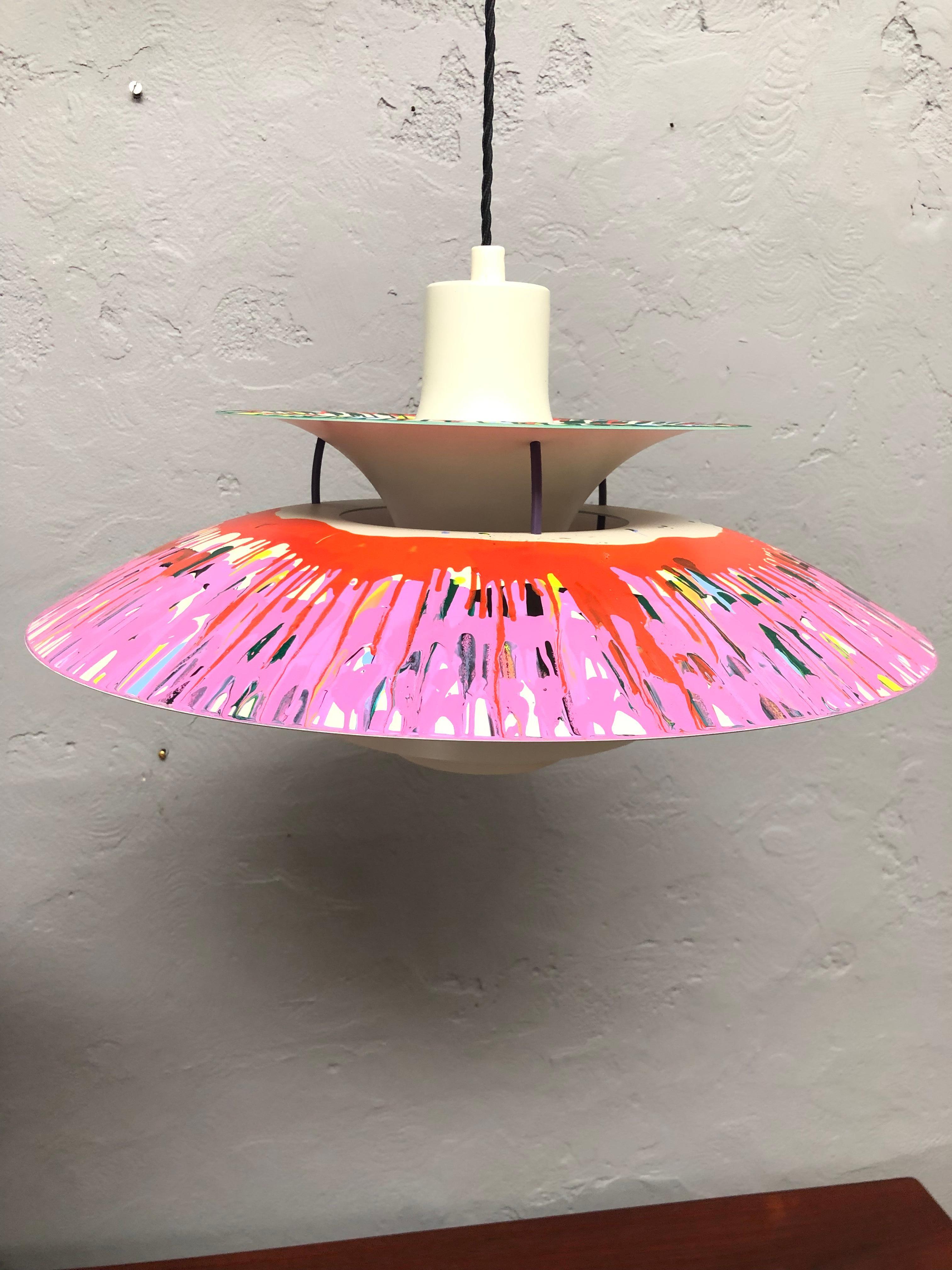 Iconic Vintage PH5 chandelier by Poul Henningsen for Louis Poulsen of Denmark from the 1990s with abstract art work by G61.
Titled “Cherry Blossom” 
The art work is acrylic paint with a clear coat finish on top. 
All types of abstract art share a