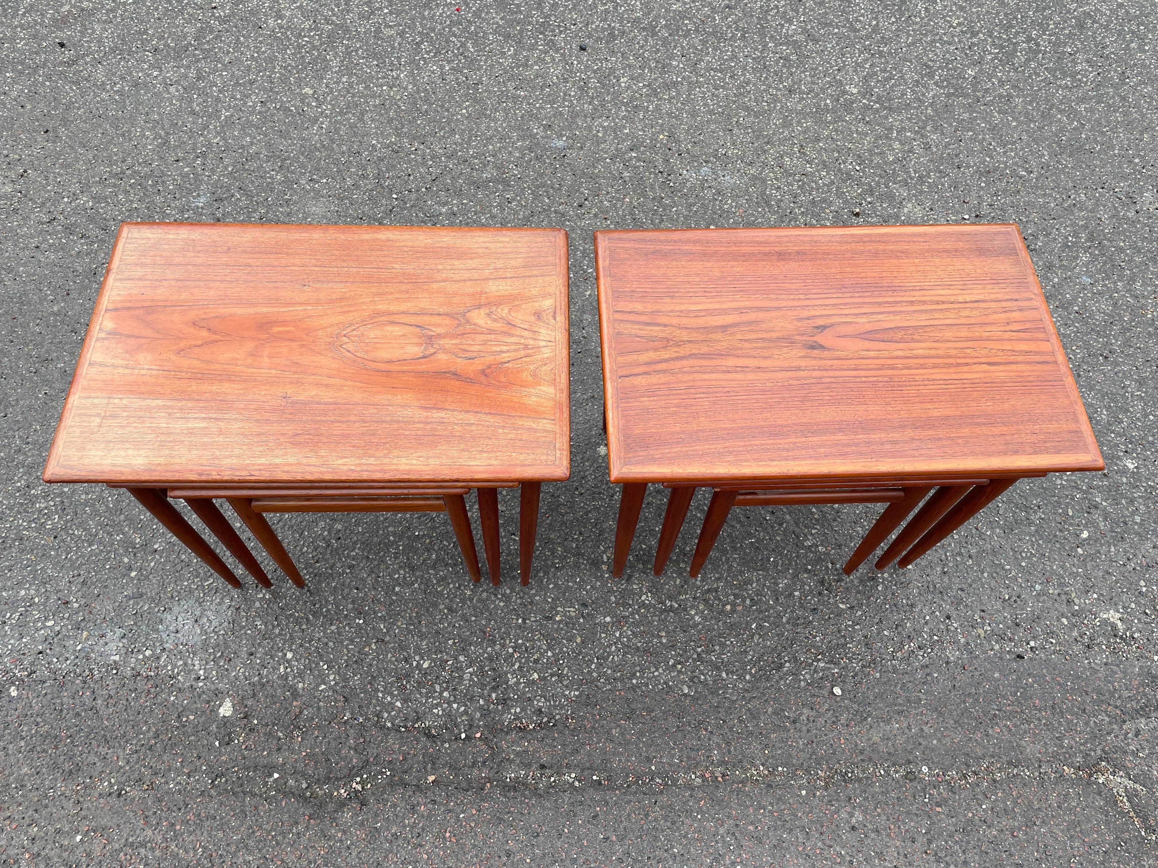 Introducing a stunning set of Danish teak nesting tables straight out of the 1960s! These tables exude a timeless elegance that is sure to make a statement in any room.

Crafted from high-quality teak wood, these tables feature a sleek and