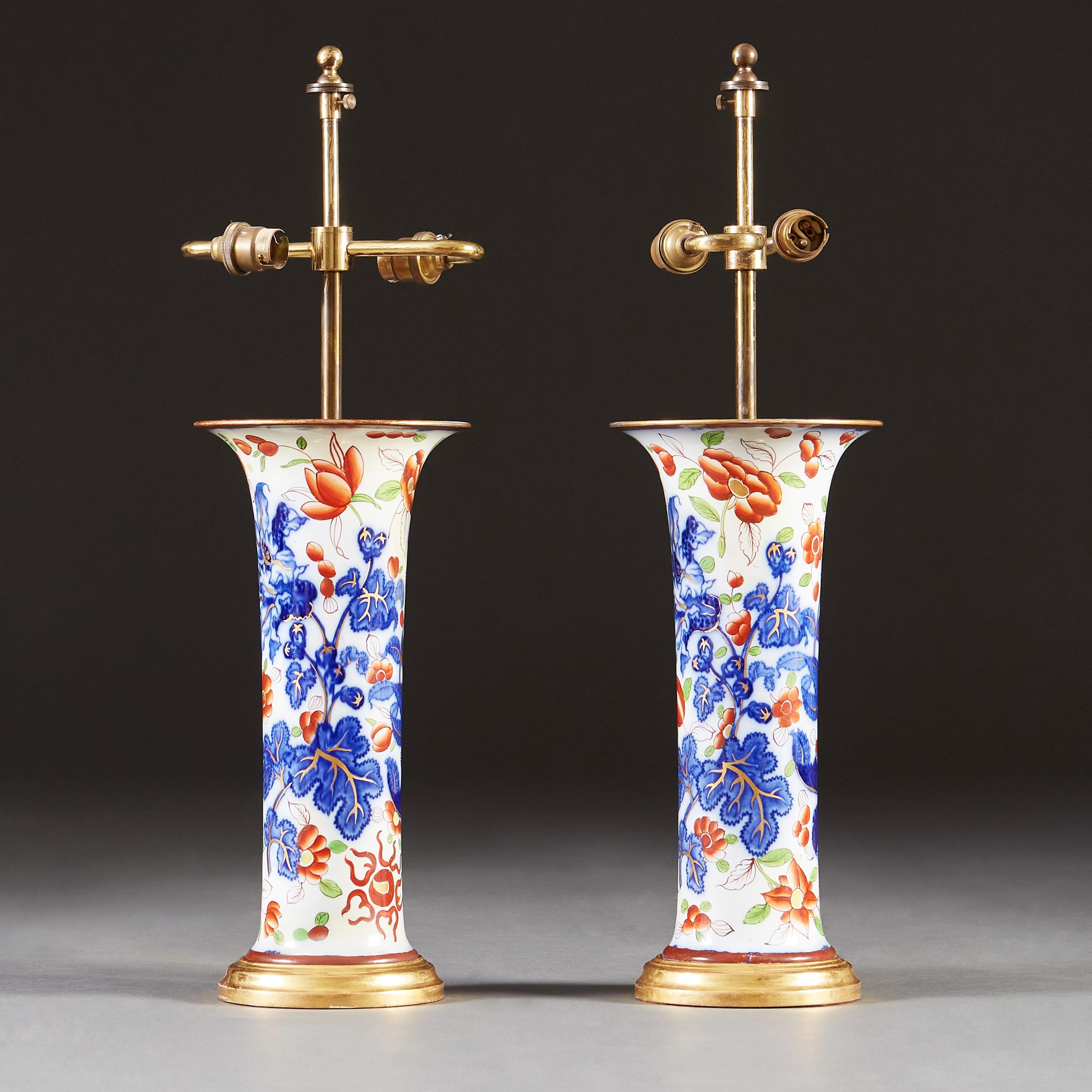 Glazed Pair of Imari Trumpet Vases as Table Lamps with Giltwood Bases