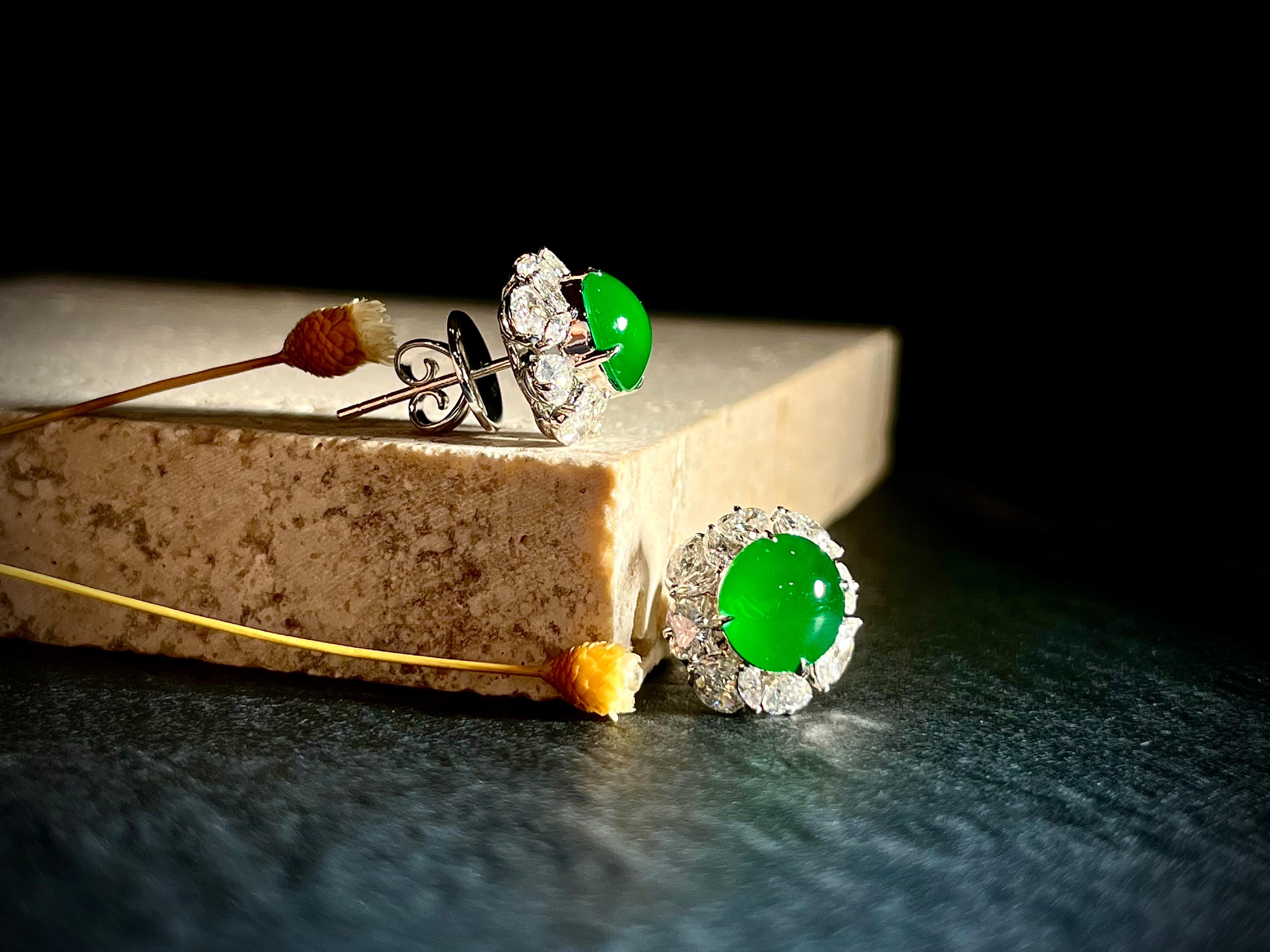 Contemporary A Stunning Pair of Imperial Green Jadeite and Diamond Earrings in 18 Karat Gold For Sale
