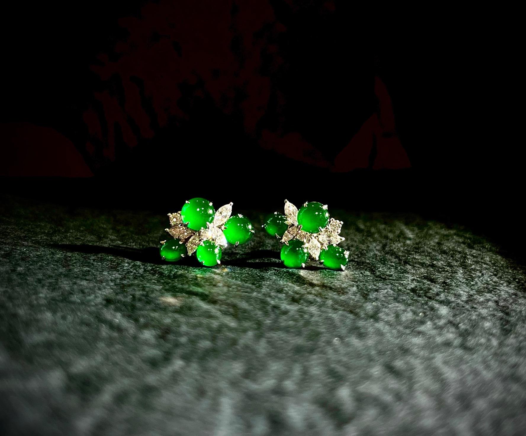 Contemporary A Pair of Imperial Green Jadeite and Diamond Earrings in 18 Karat White Gold For Sale