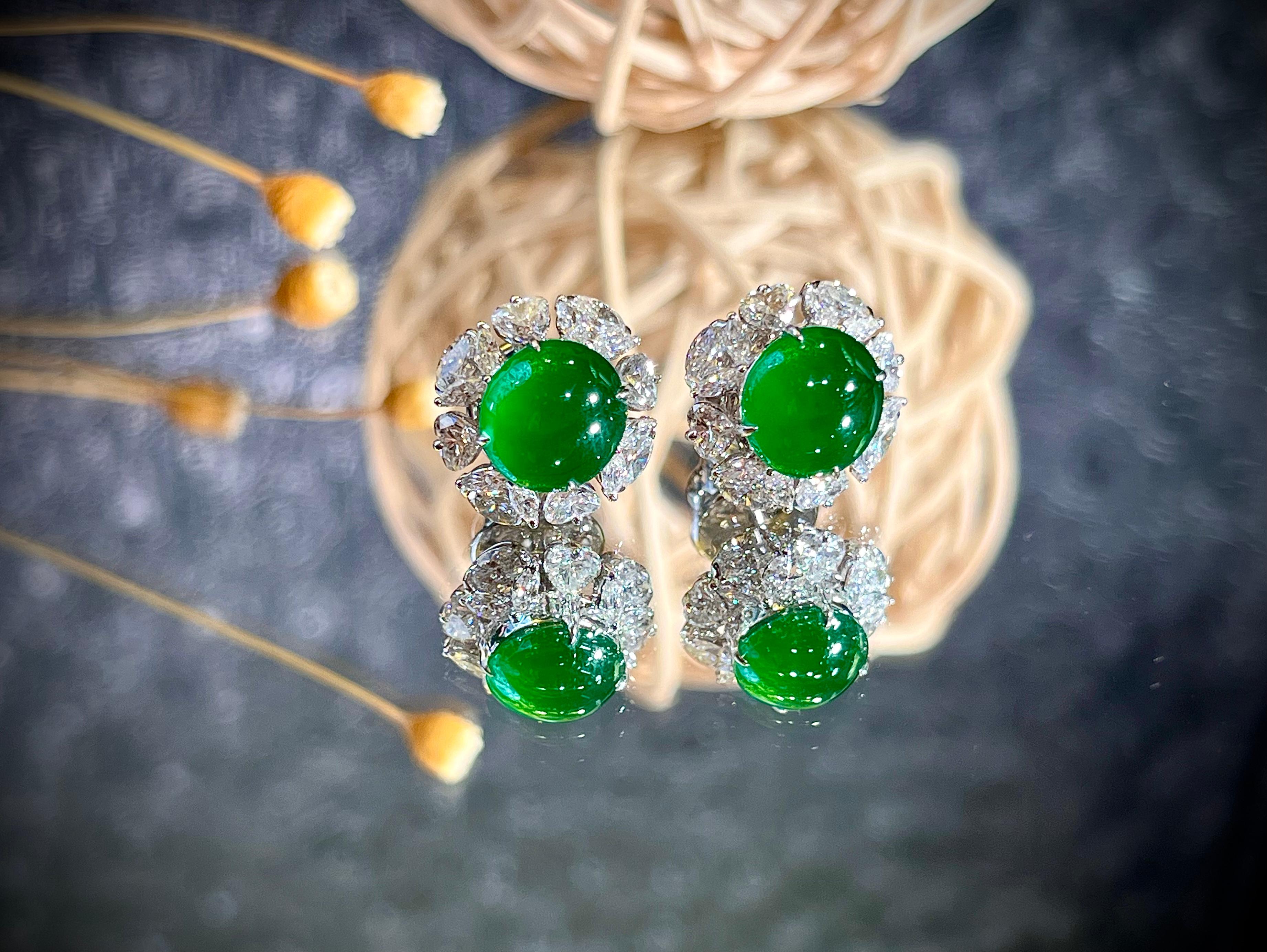 Cabochon A Stunning Pair of Imperial Green Jadeite and Diamond Earrings in 18 Karat Gold For Sale