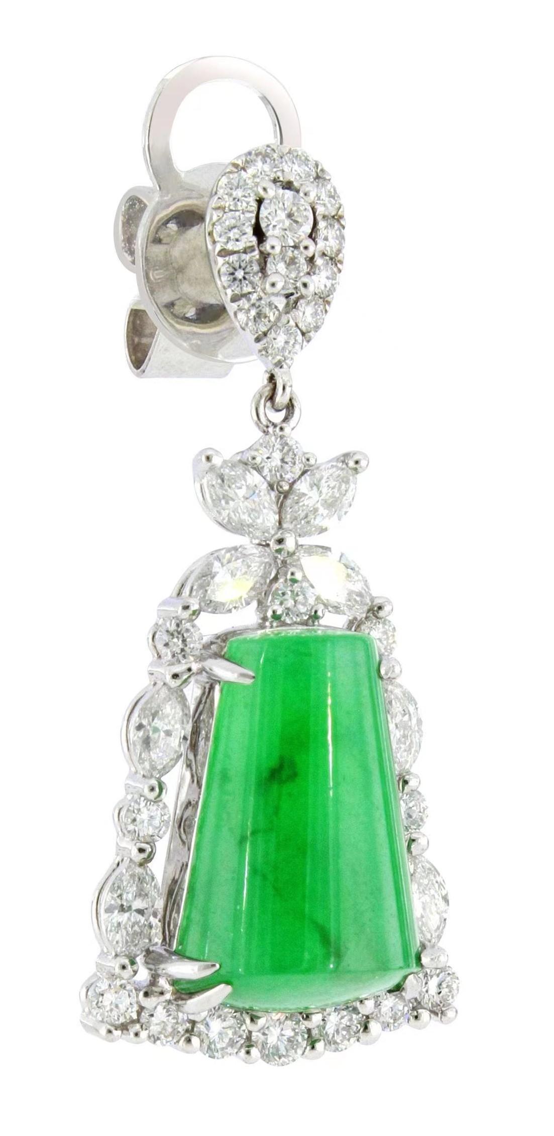 Brilliant Cut A Pair of Imperial Jadeite and Diamond Earrings in 18 Karat White Gold For Sale