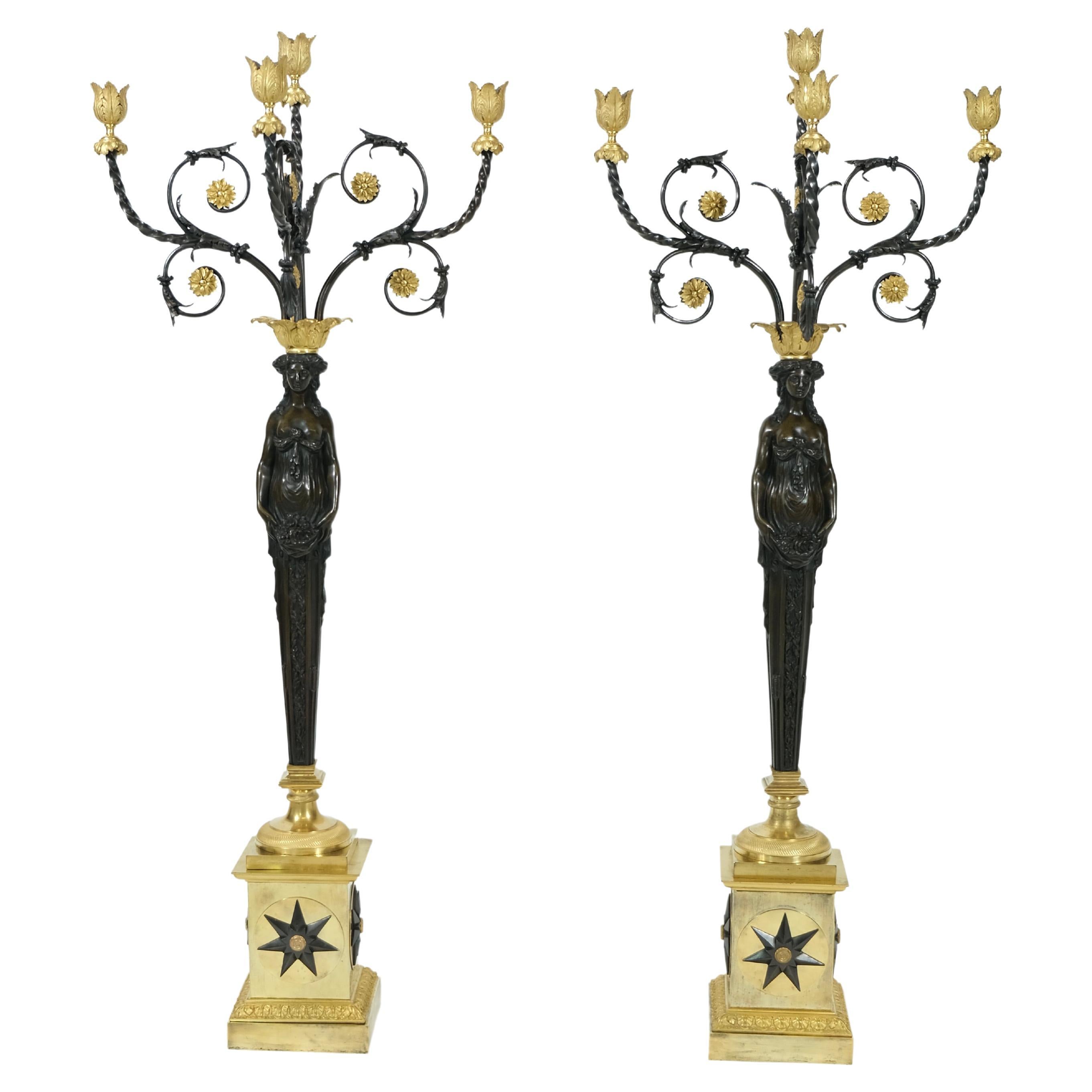 Pair of Impressive 4 Light Empire Candelabra For Sale