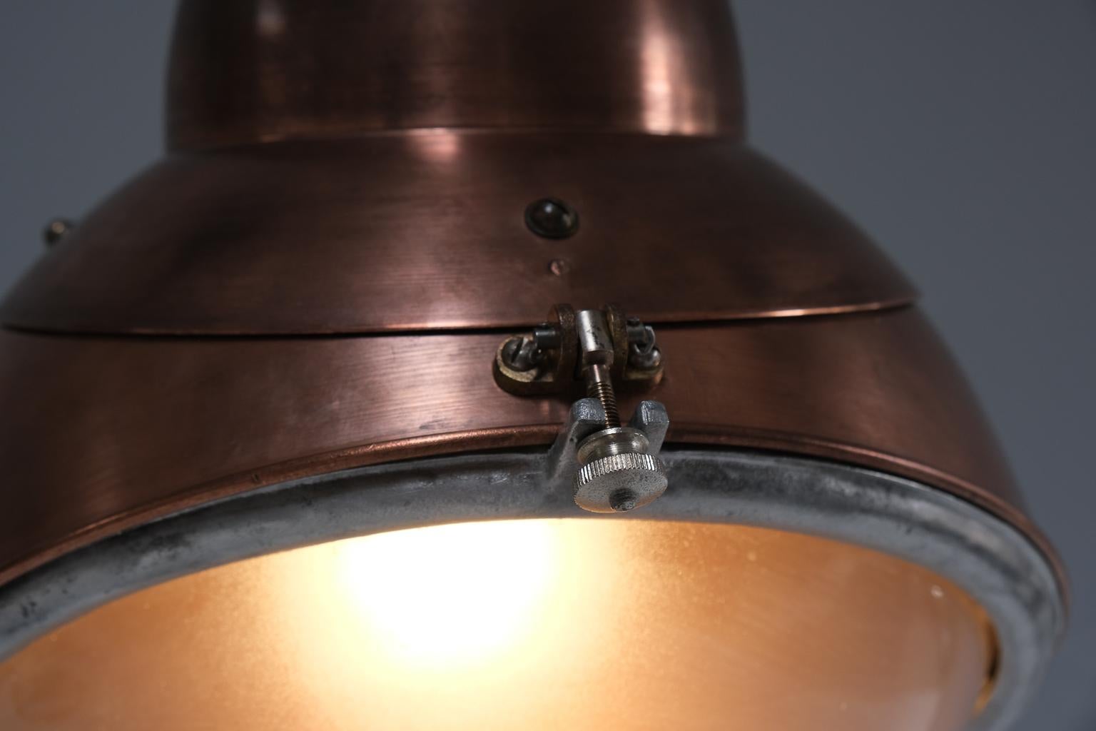 A pair of impressive, French factory lights made of copper and glas (Kupfer) im Angebot