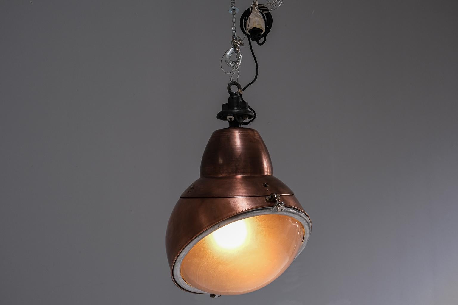 A pair of impressive, French factory lights made of copper and glas im Angebot 1