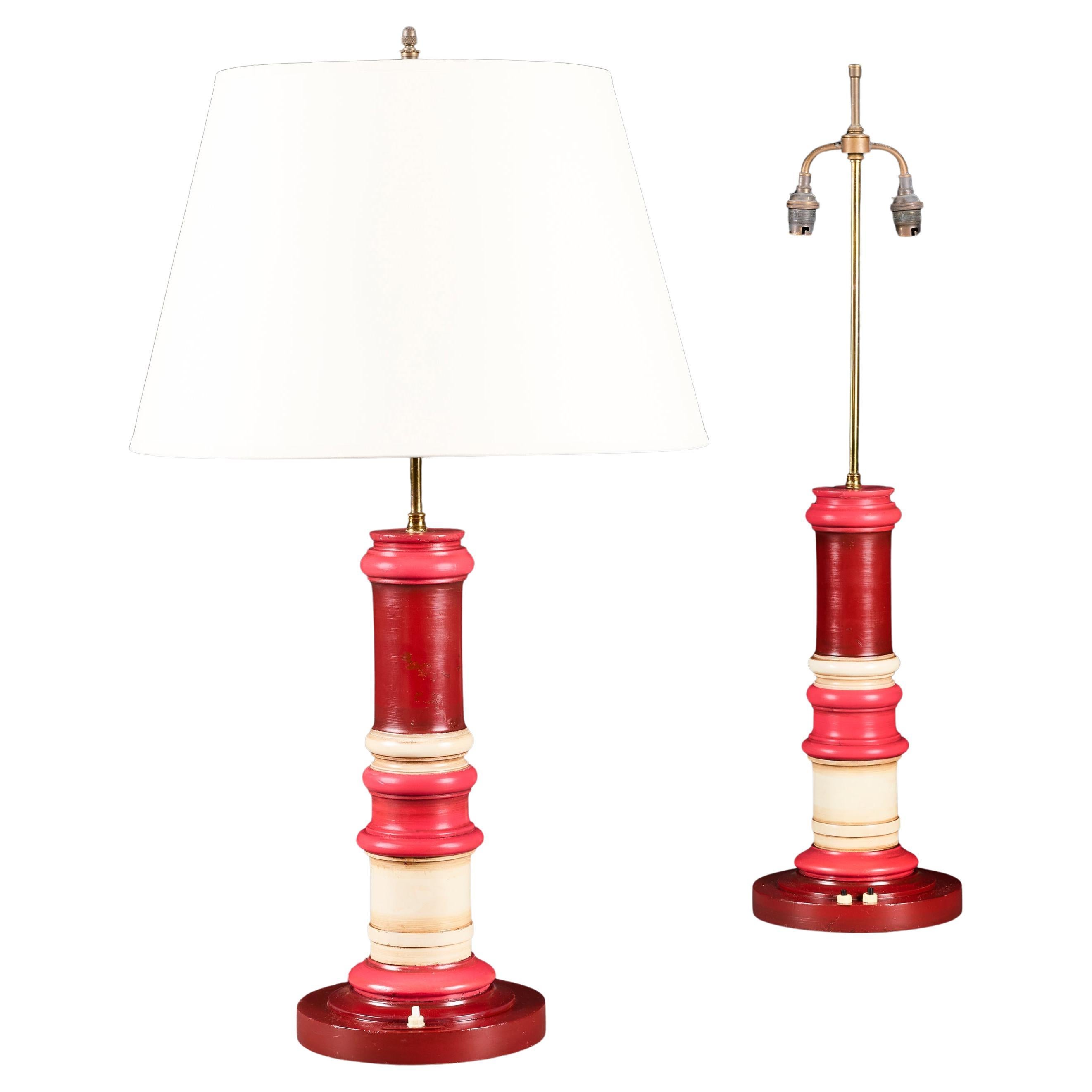 A Pair of Indian 20th Century Red Painted Column Lamps For Sale