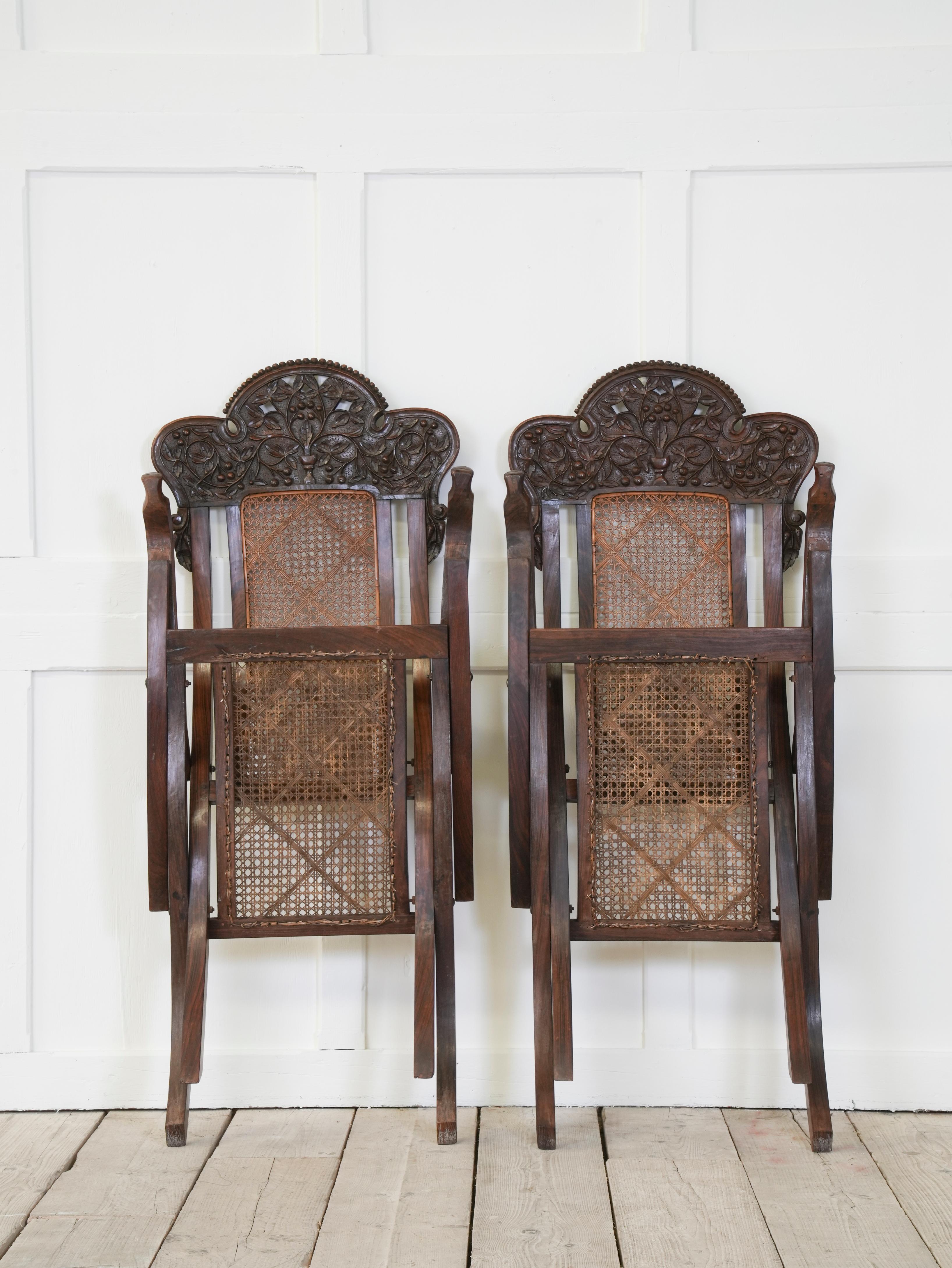 Pair of Indian Caned Mahogany Folding Conservatory Chairs 11