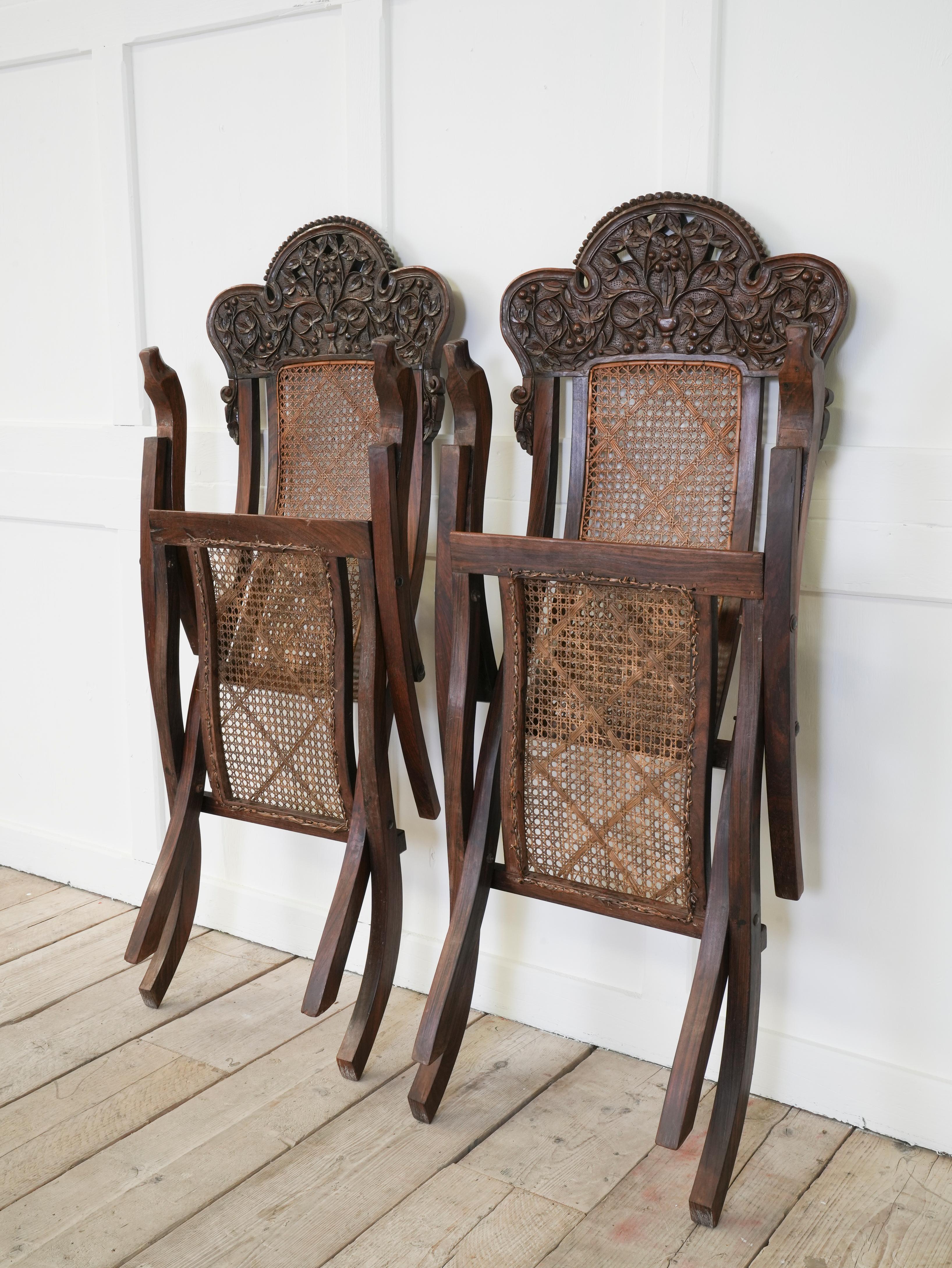 Pair of Indian Caned Mahogany Folding Conservatory Chairs 12