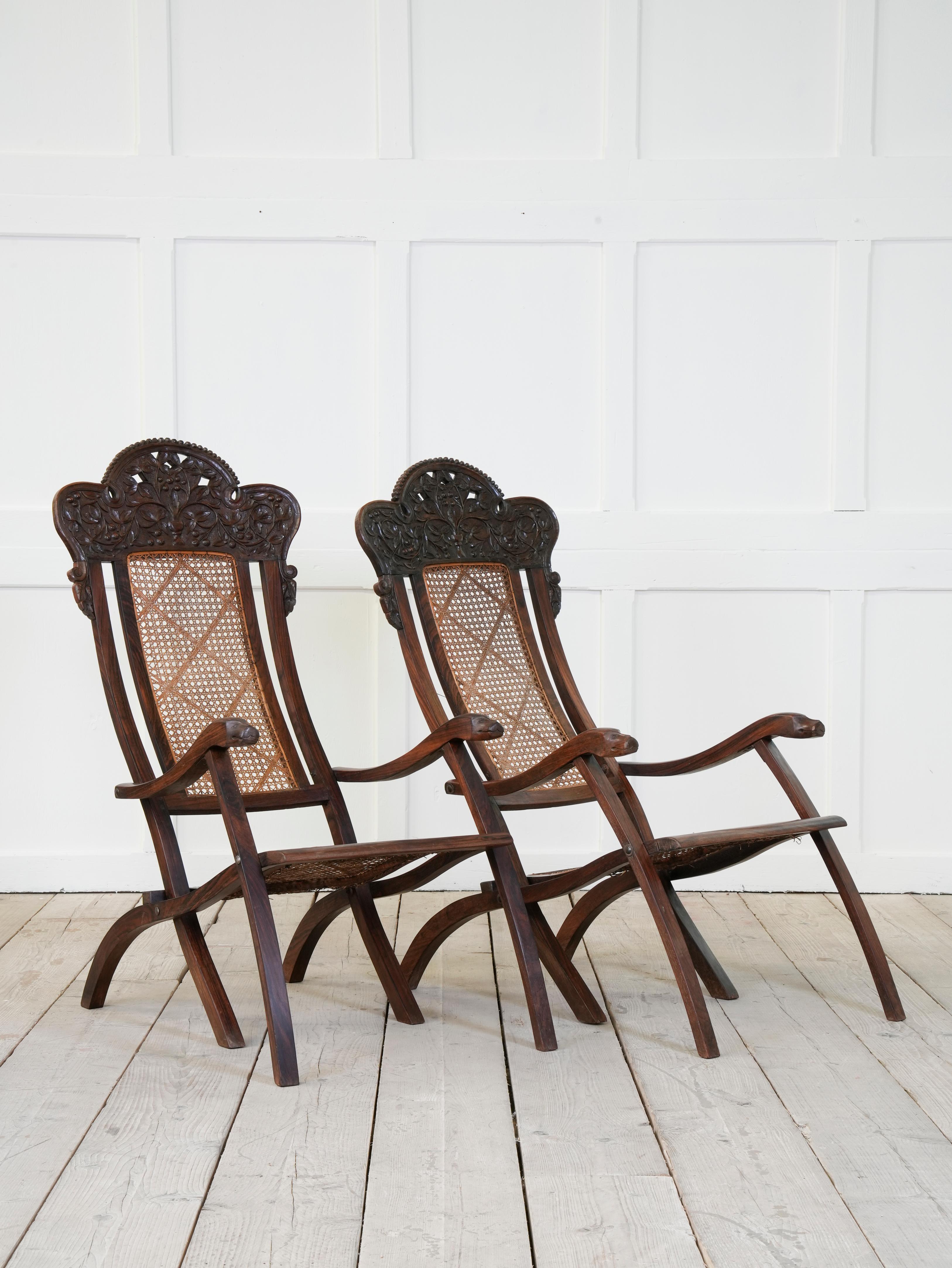 Pair of Indian Caned Mahogany Folding Conservatory Chairs In Excellent Condition In Conwy, GB