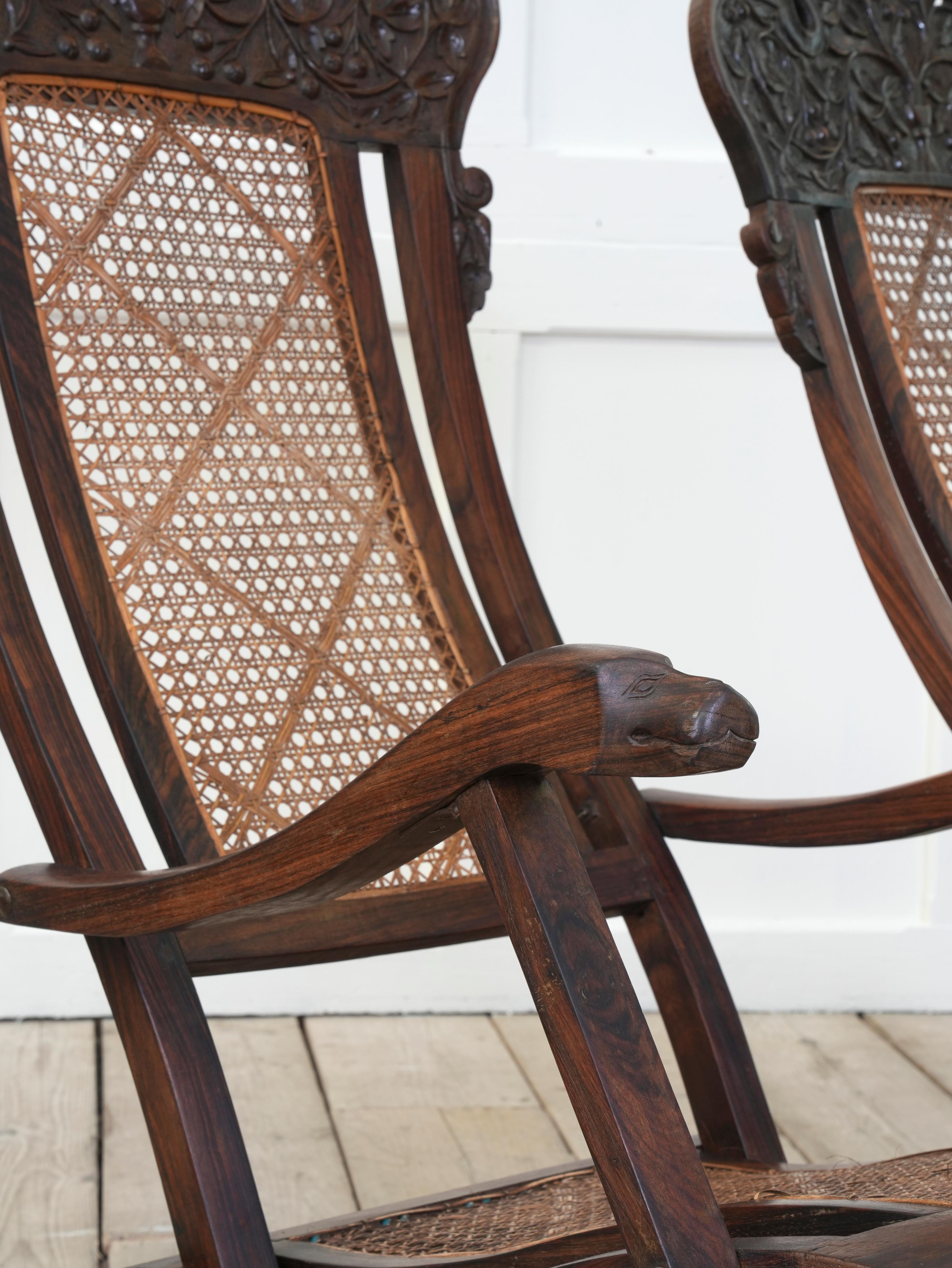 20th Century Pair of Indian Caned Mahogany Folding Conservatory Chairs