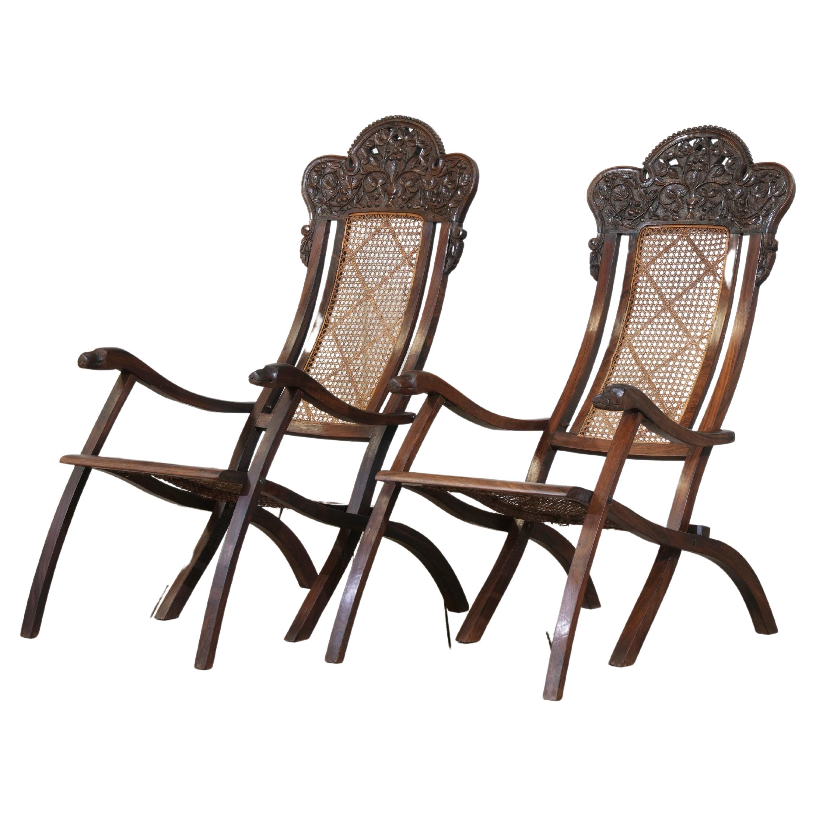 Pair of Indian Caned Mahogany Folding Conservatory Chairs