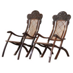 Pair of Indian Caned Mahogany Folding Conservatory Chairs