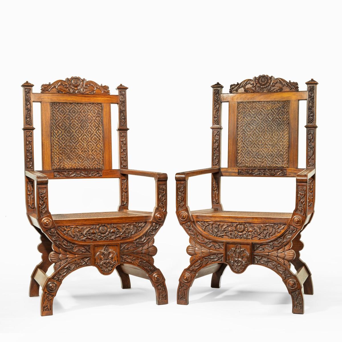 Pair of Indian Throne Chairs, Carved with the Arms of the Kingdom of Travancor 5