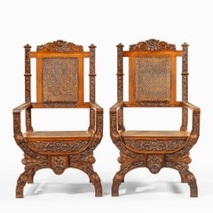Pair of Indian Throne Chairs, Carved with the Arms of the Kingdom of Travancor