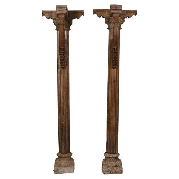 Indian Column Box A Pair of Indian Wooden Columns with Brackets For Sale at 1stDibs