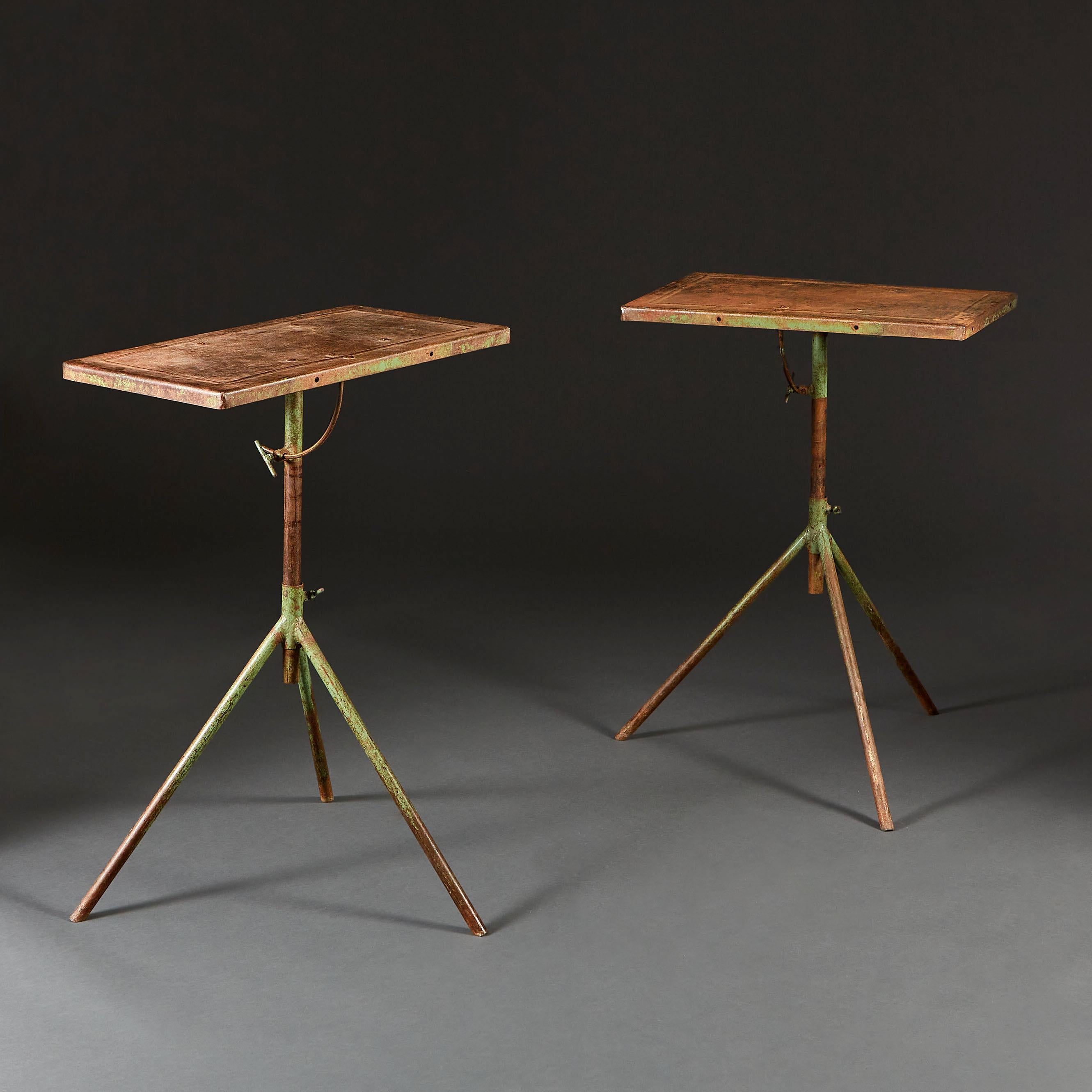 English Pair of Industrial Tilt Top Green Painted Metal Tripod Tables