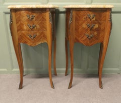 A Pair of Inlaid French Marquetry and Marble Bombe Shaped Bedside Chevets