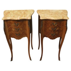 A Pair of Inlaid French Marquetry and Marble Bombe Shaped Bedside Chevets