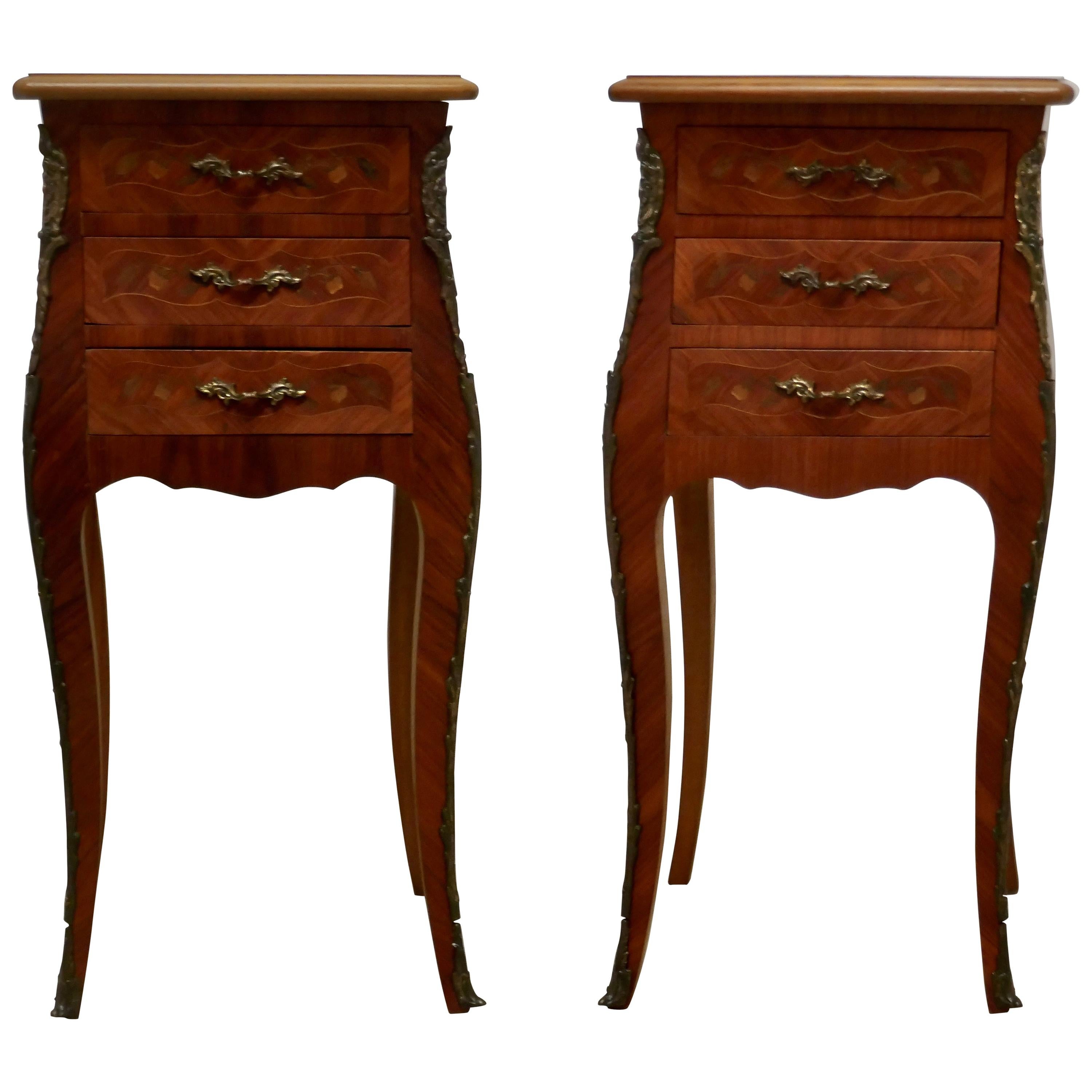 Pair of Inlaid French Marquetry Bombe Shaped Bedside Cupboards