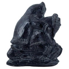 Used Pair of Inuit Children on a Sledge Made of Soapstone