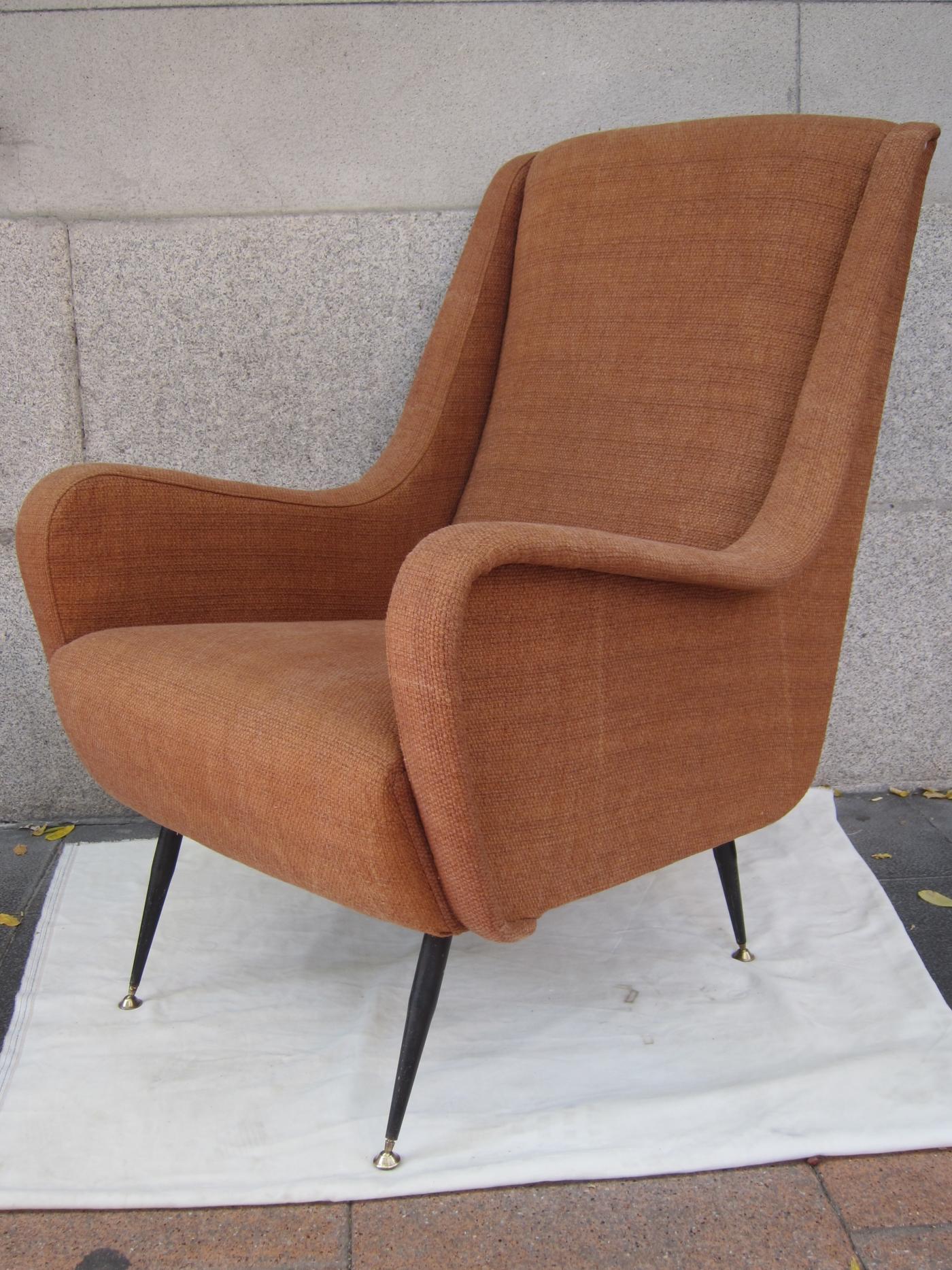 Mid-20th Century Pair of Iron and Brass Legs and Tile Linen Midcentury Italian Armchairs, 1960 For Sale