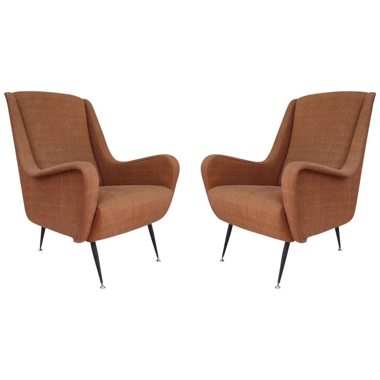 Pair of Iron and Brass Legs and Tile Linen Midcentury Italian Armchairs, 1960 For Sale