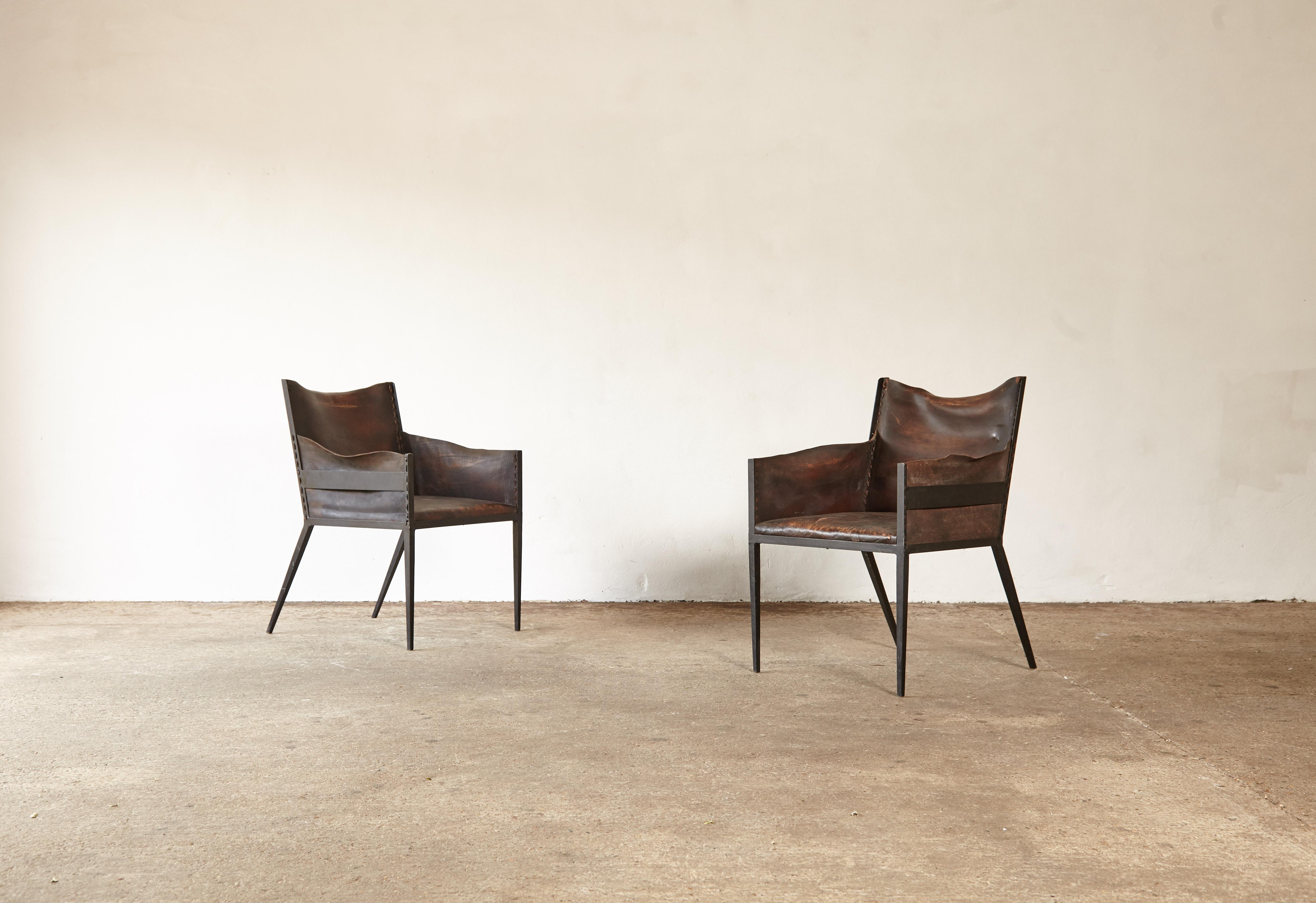 Mid-Century Modern Pair of Iron and Leather Chairs