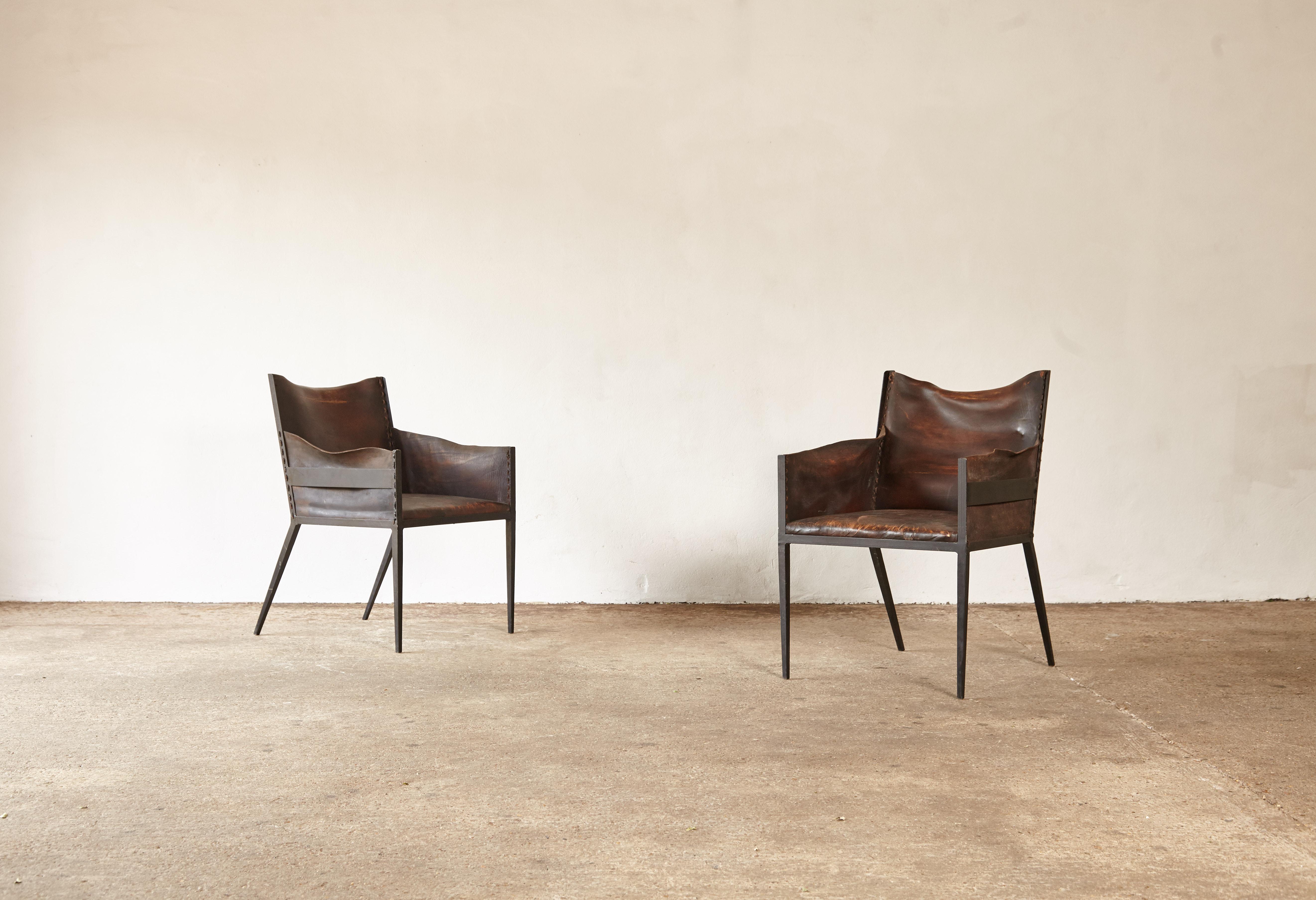 French Pair of Iron and Leather Chairs