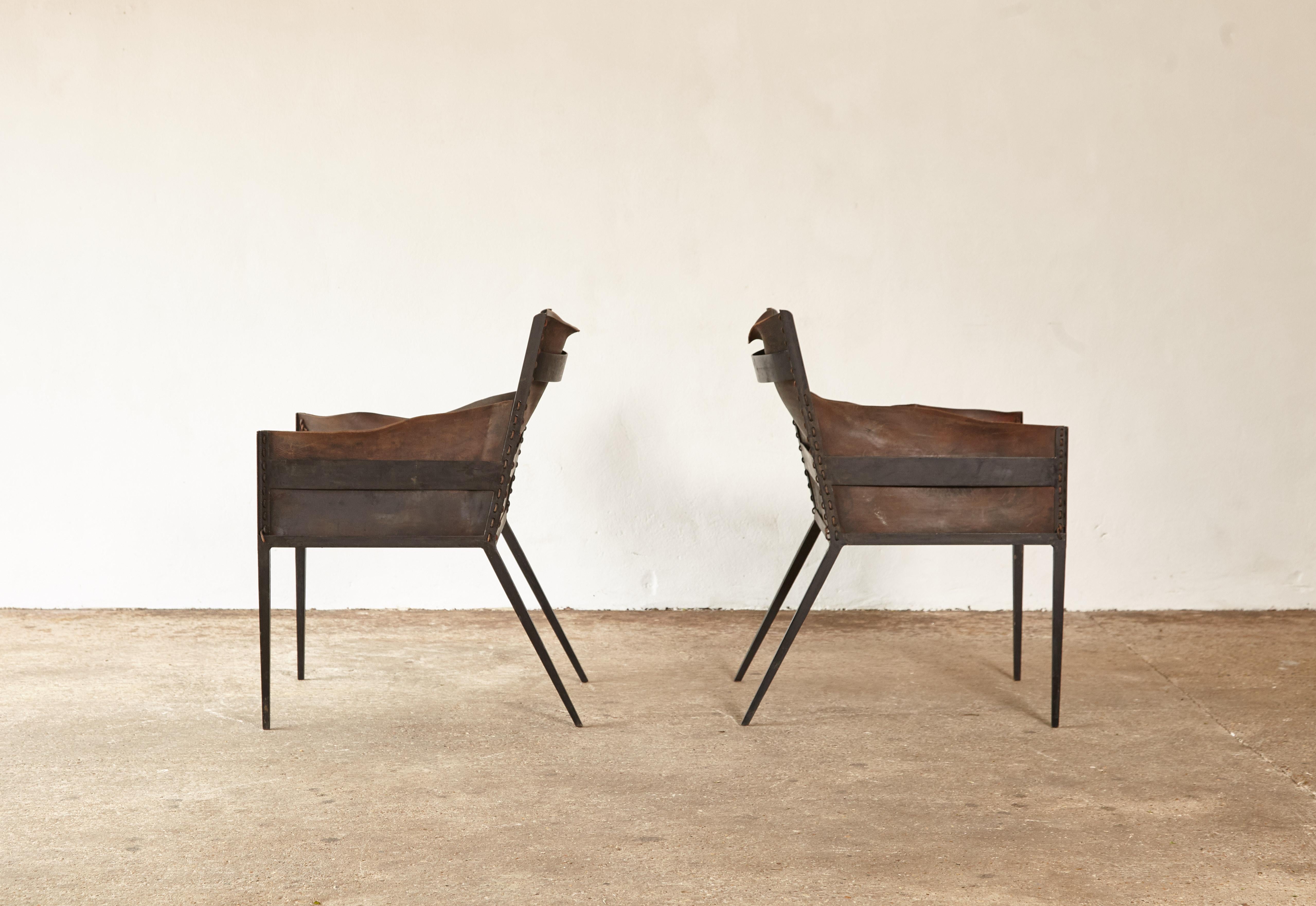 Metal Pair of Iron and Leather Chairs