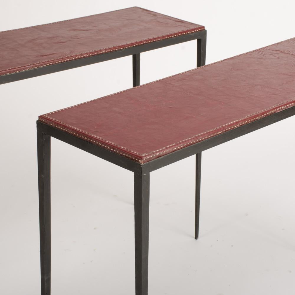 Contemporary A Pair of Iron and Leather Console Tables in the Manner of Jean-Michel Frank