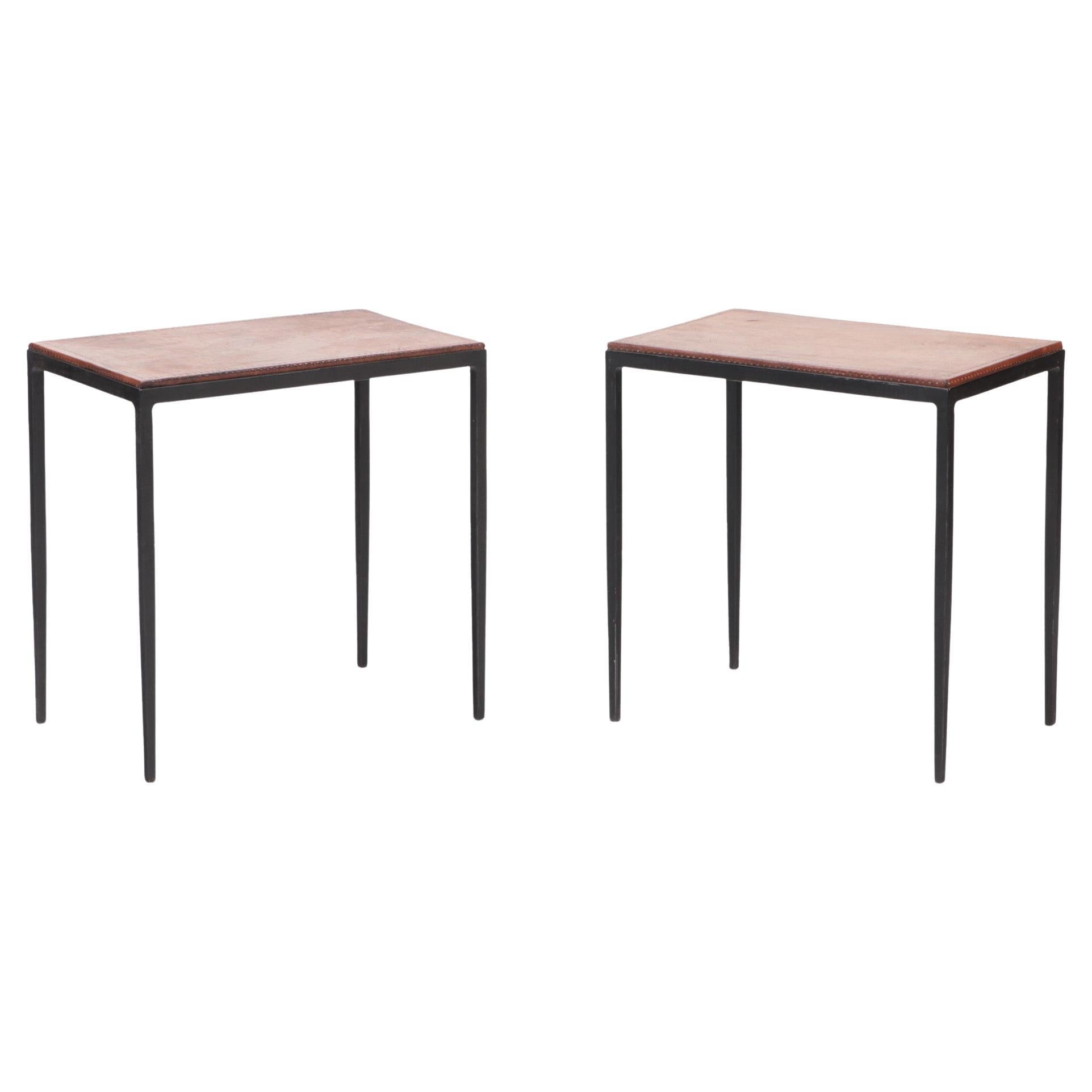 Pair of Iron and Leather Tops Small Console Tables or End Tables, Contemporary